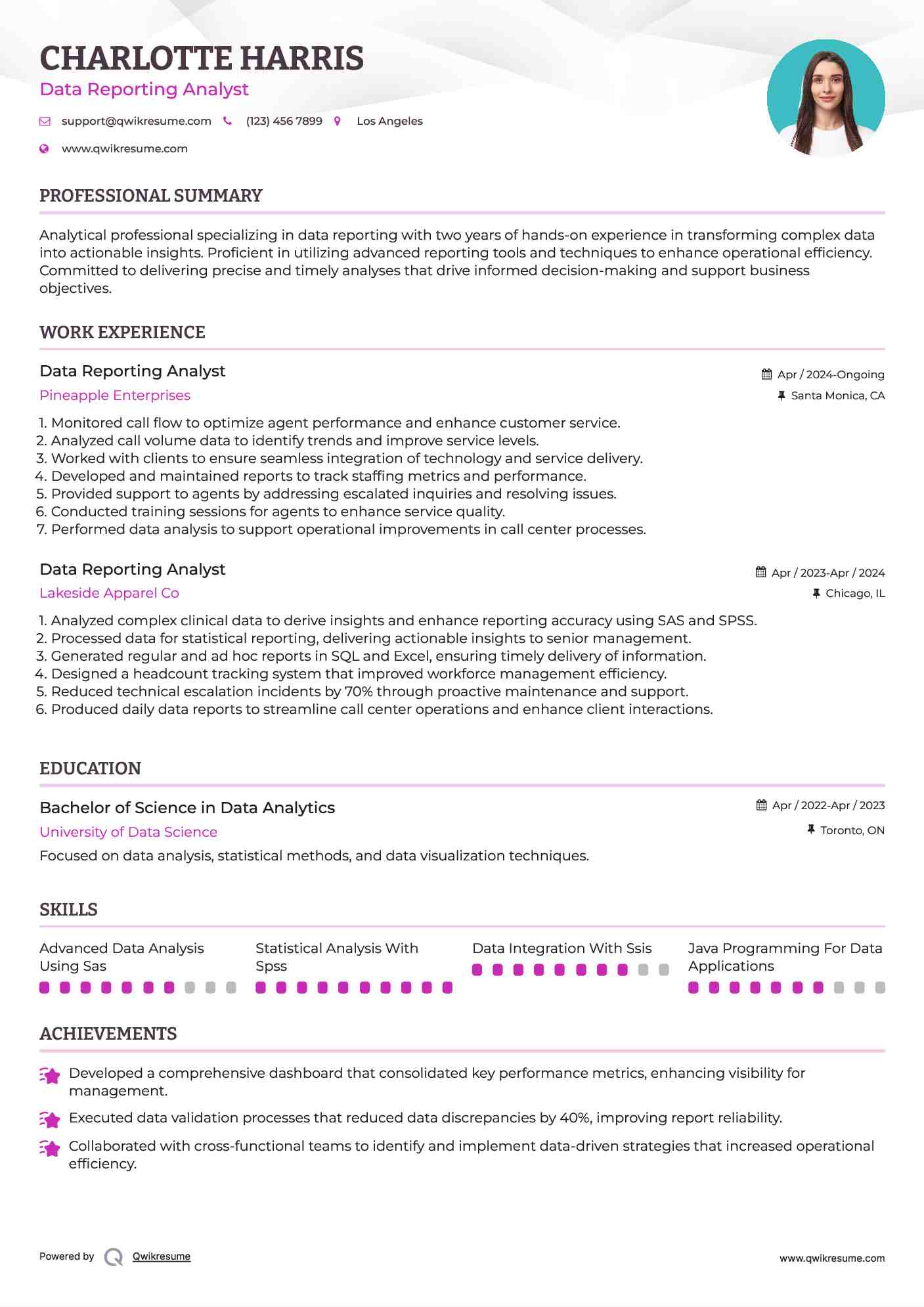 Data Reporting Analyst Resume Model