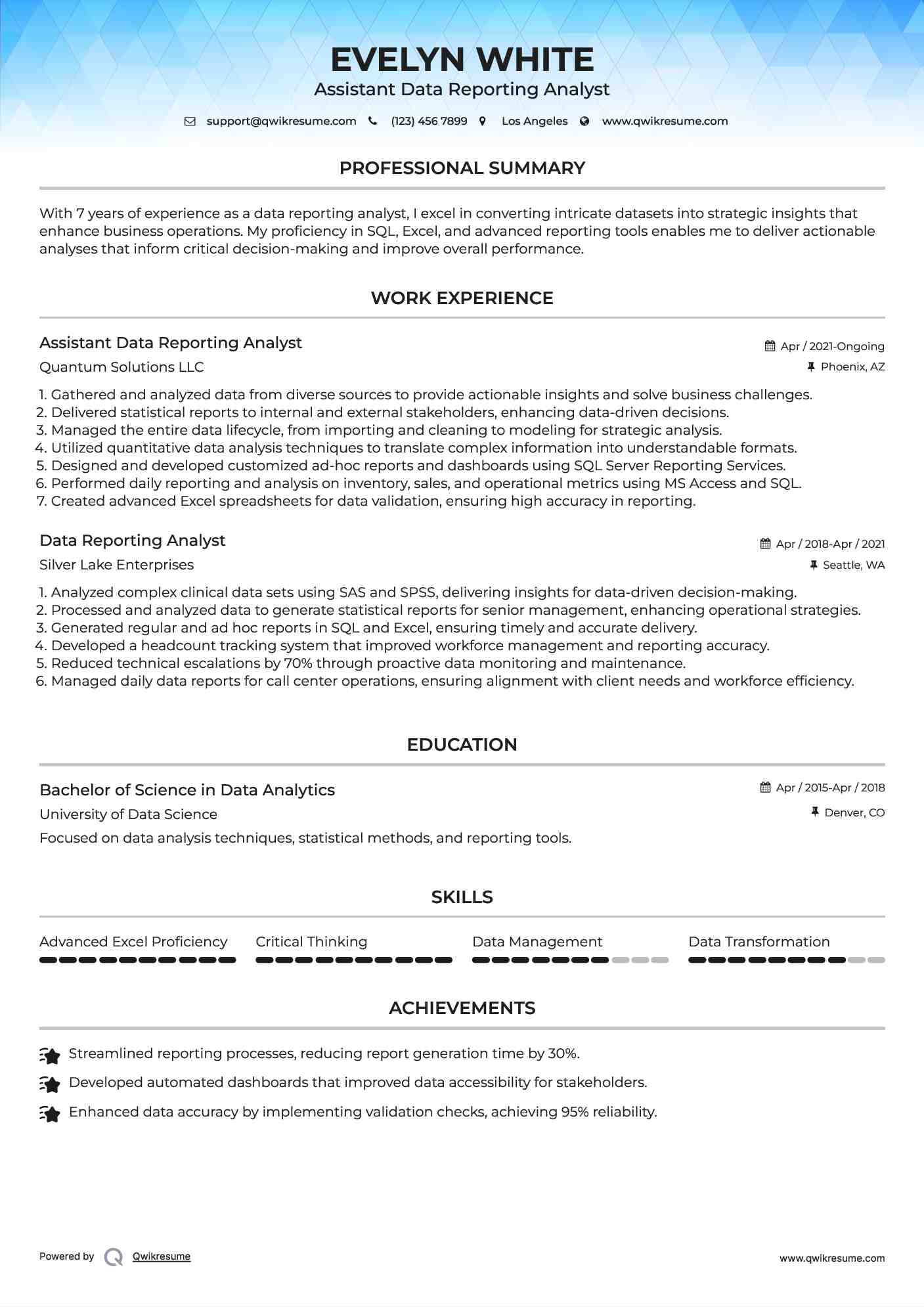 Assistant Data Reporting Analyst Resume Template