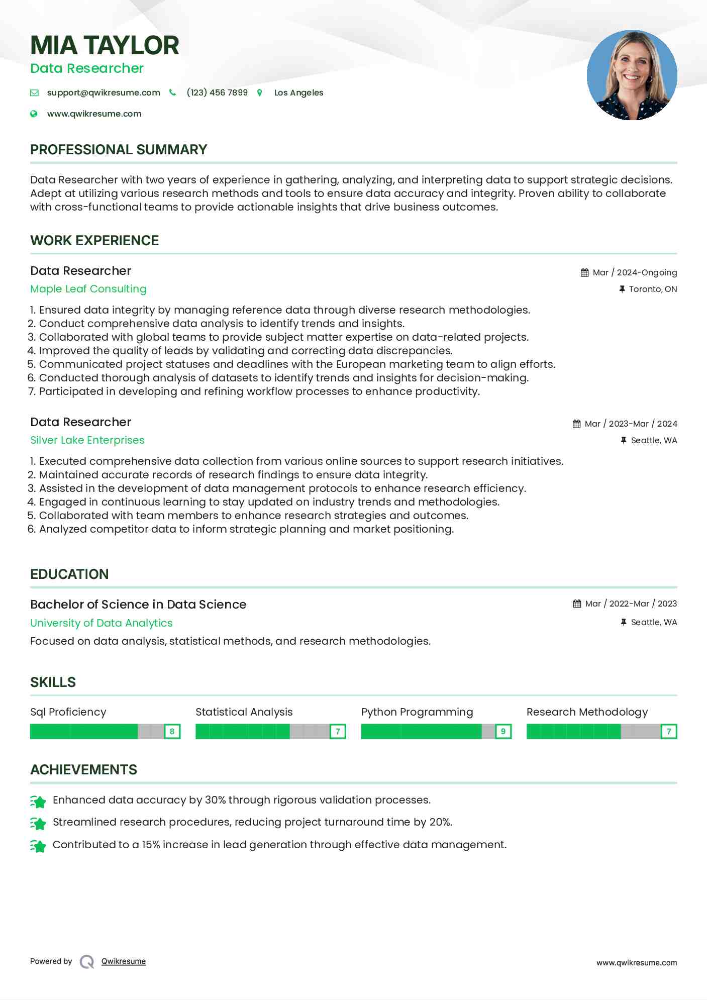 Data Researcher Resume Format