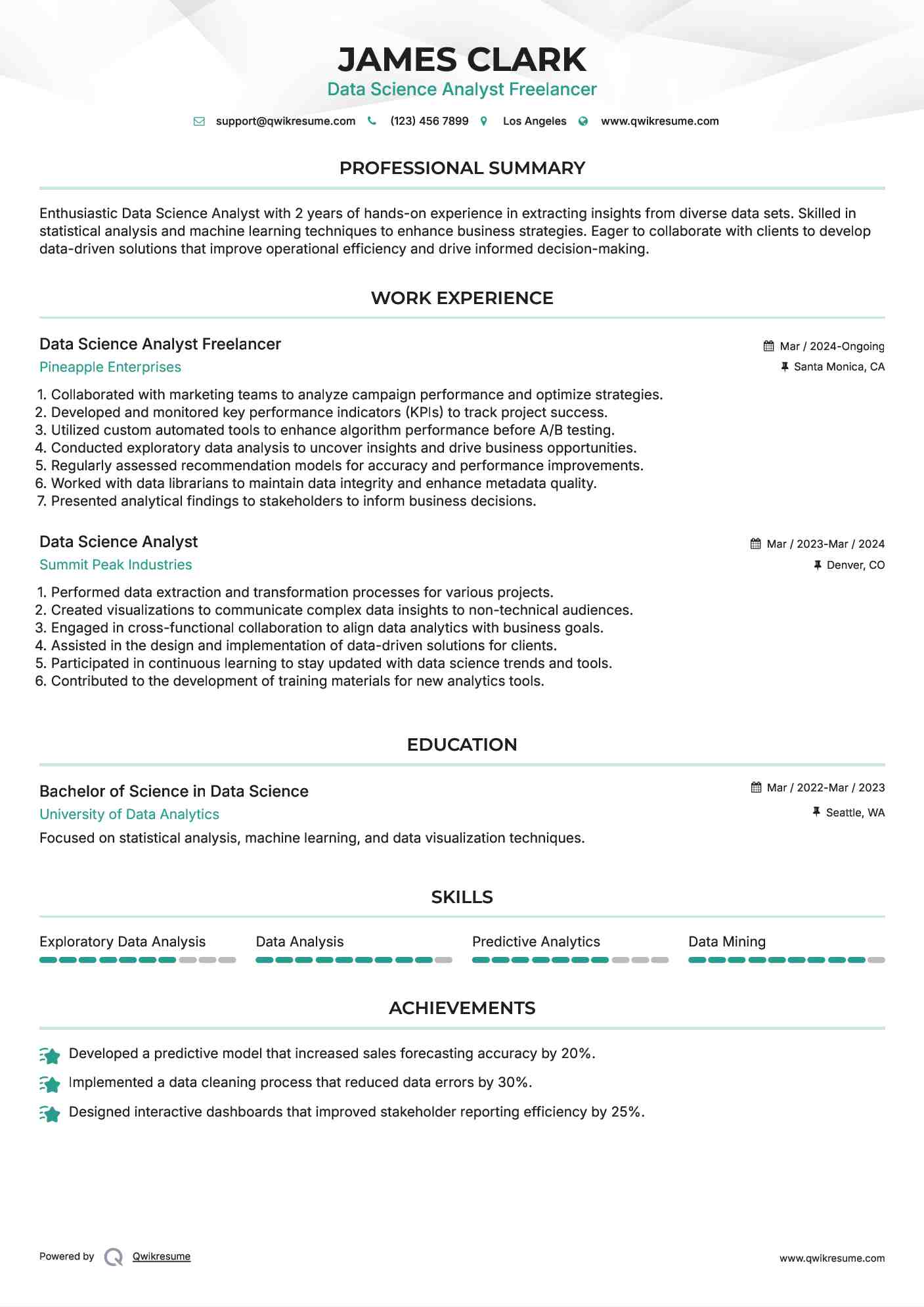 Data Science Analyst Freelancer Resume Template