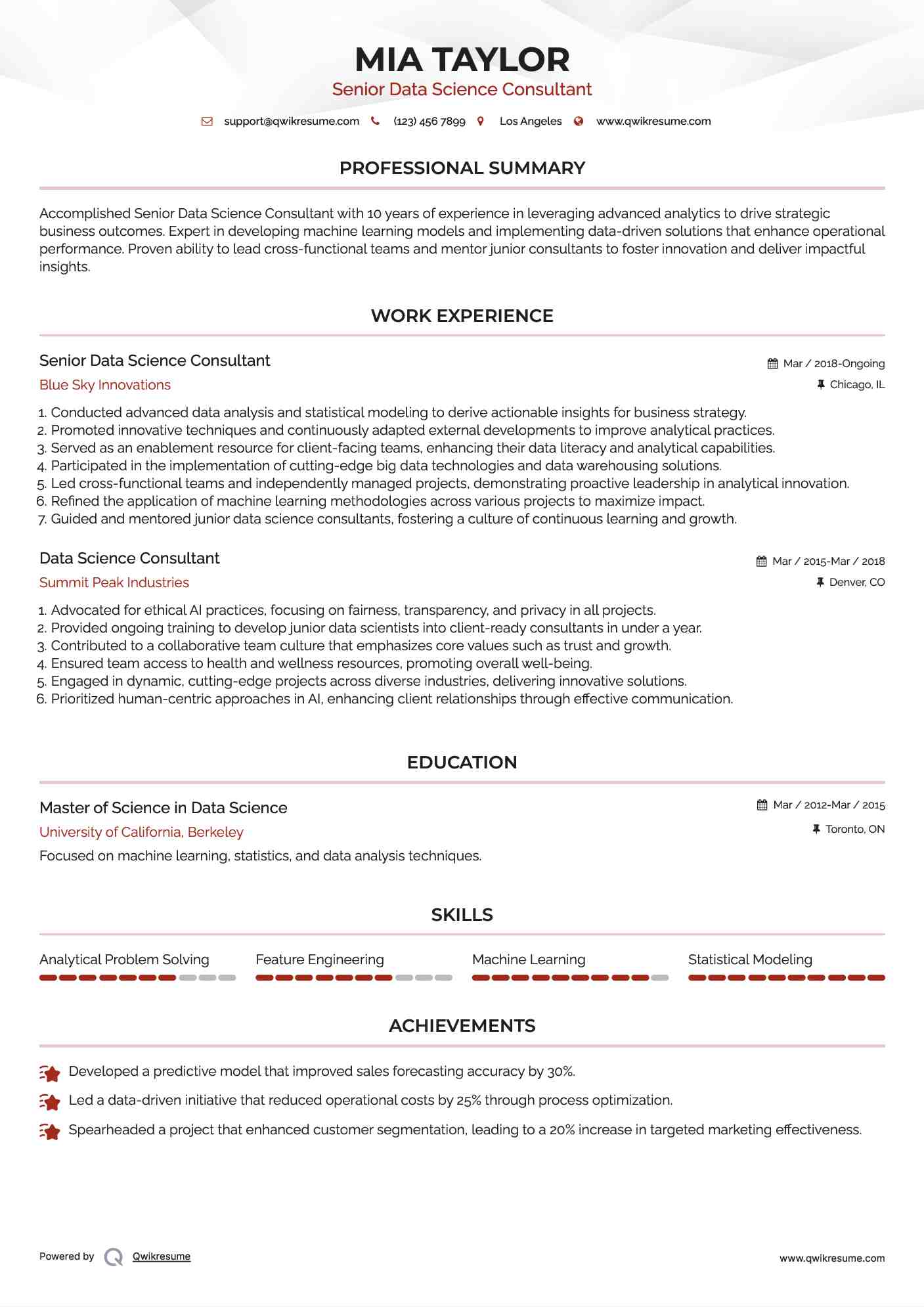 Senior Data Science Consultant  Resume Sample