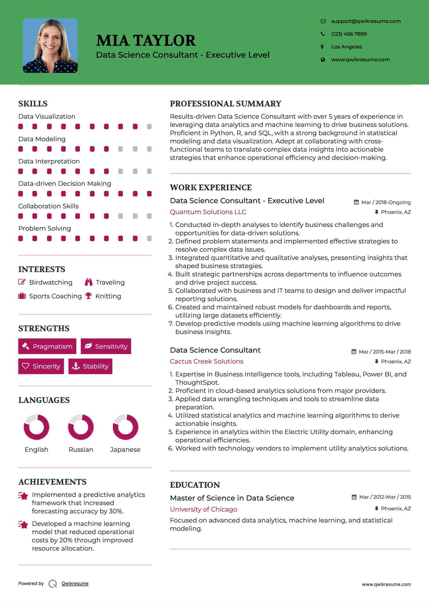 Data Science Consultant - Executive Level Resume Template