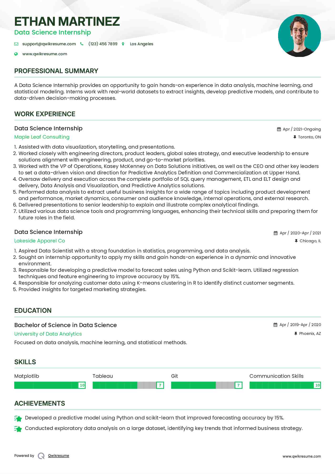 Data Science Internship Resume Format