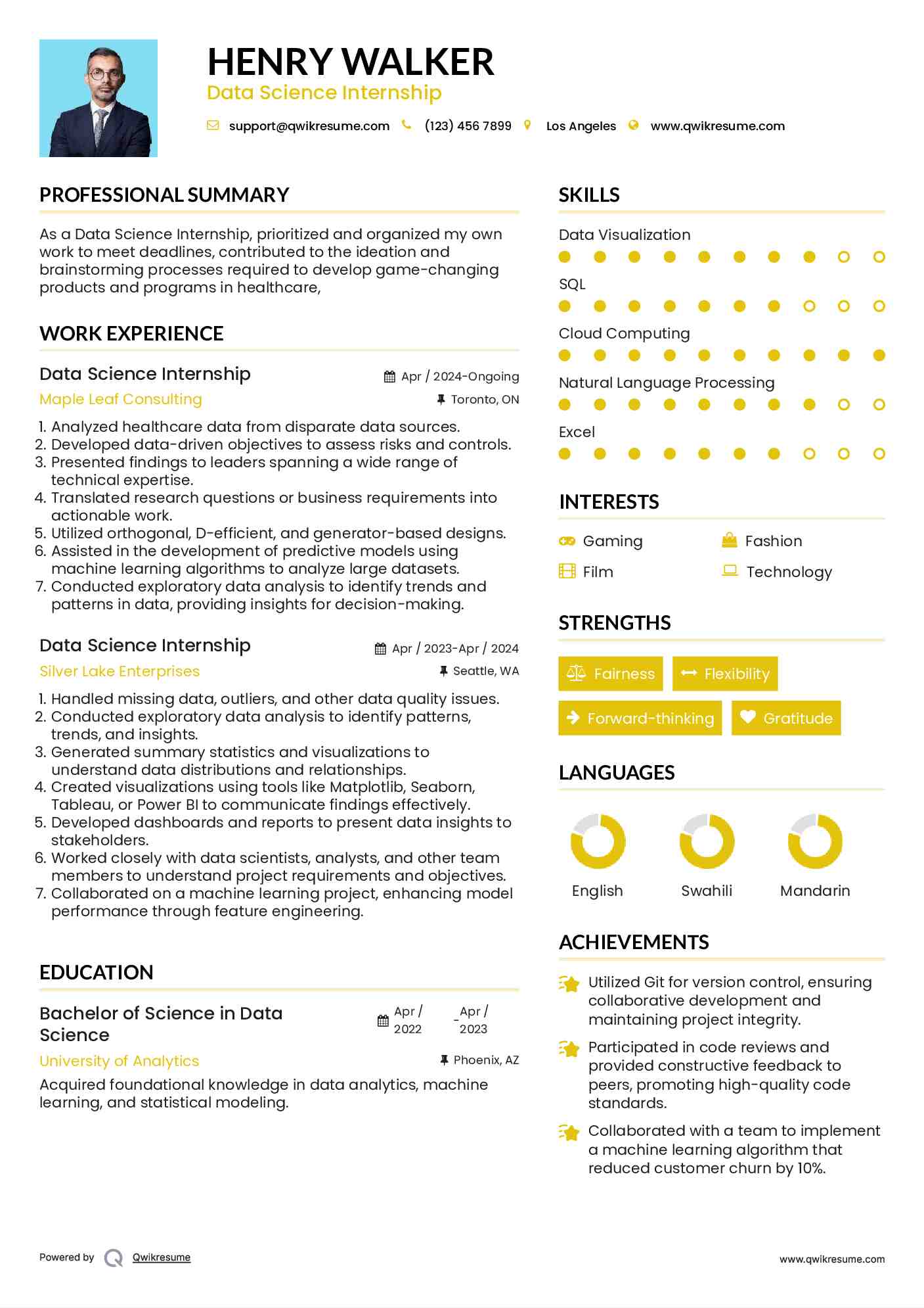 Data Science Internship Resume Example