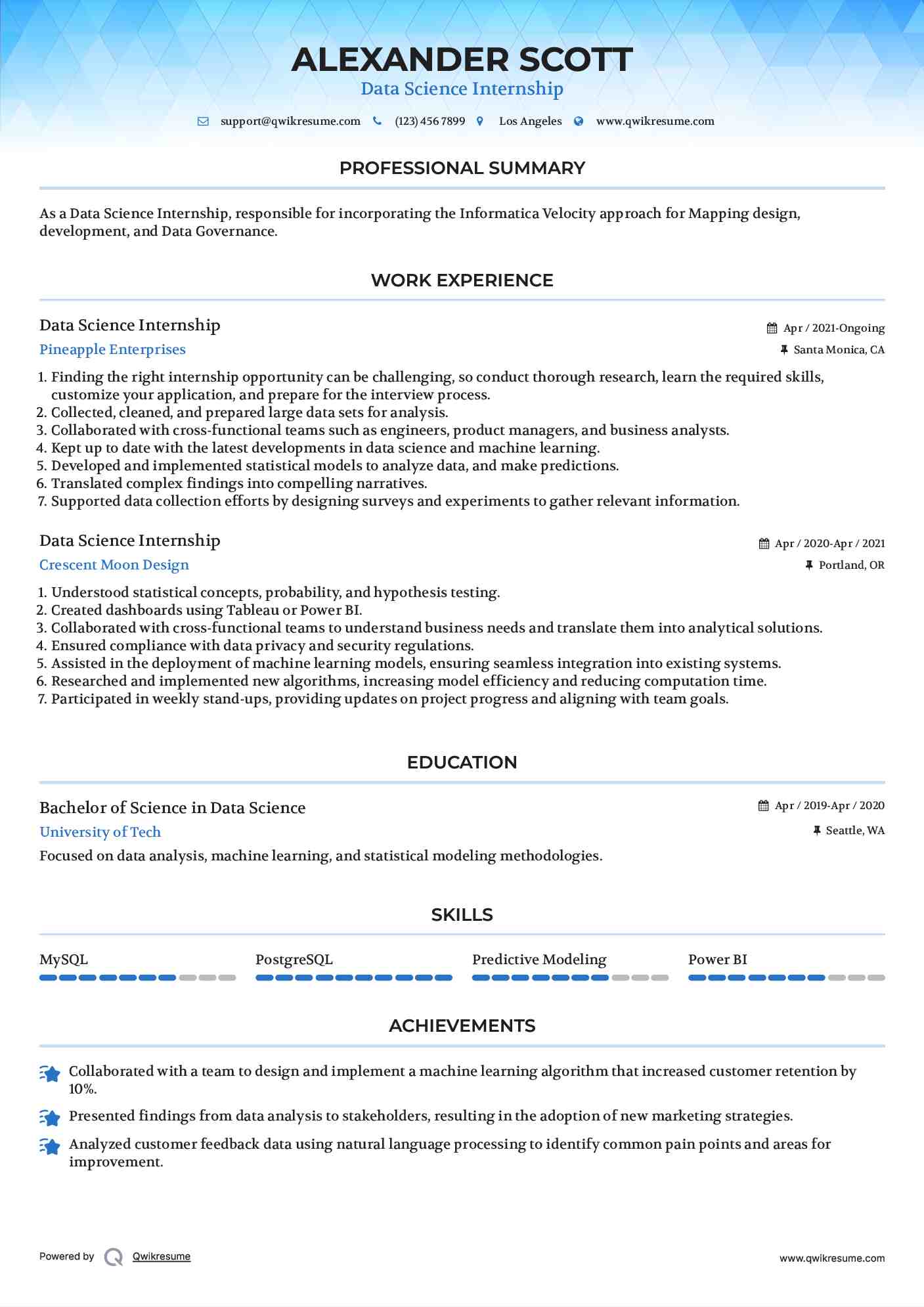 Data Science Internship Resume Sample