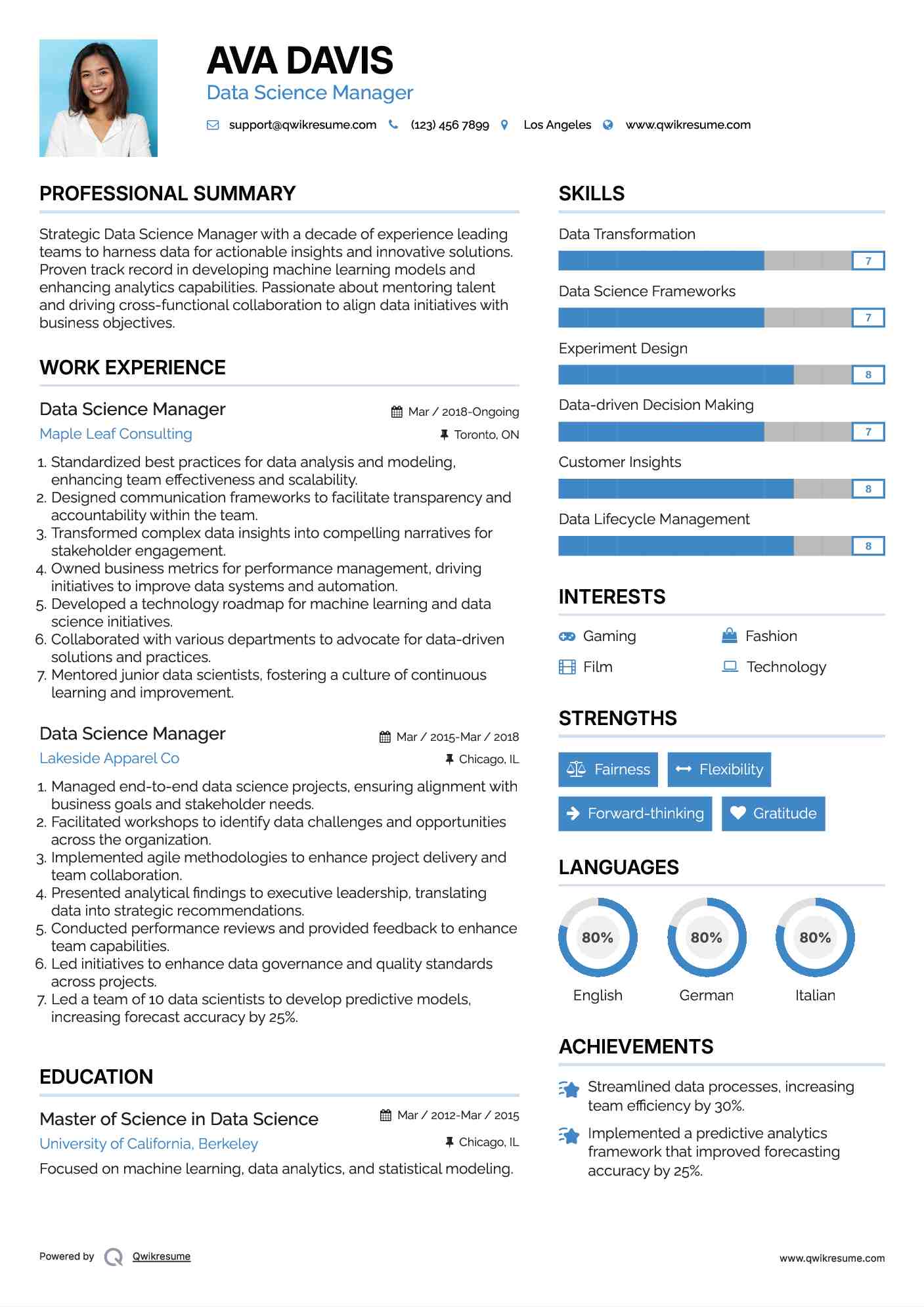 Data Science Manager Resume Template