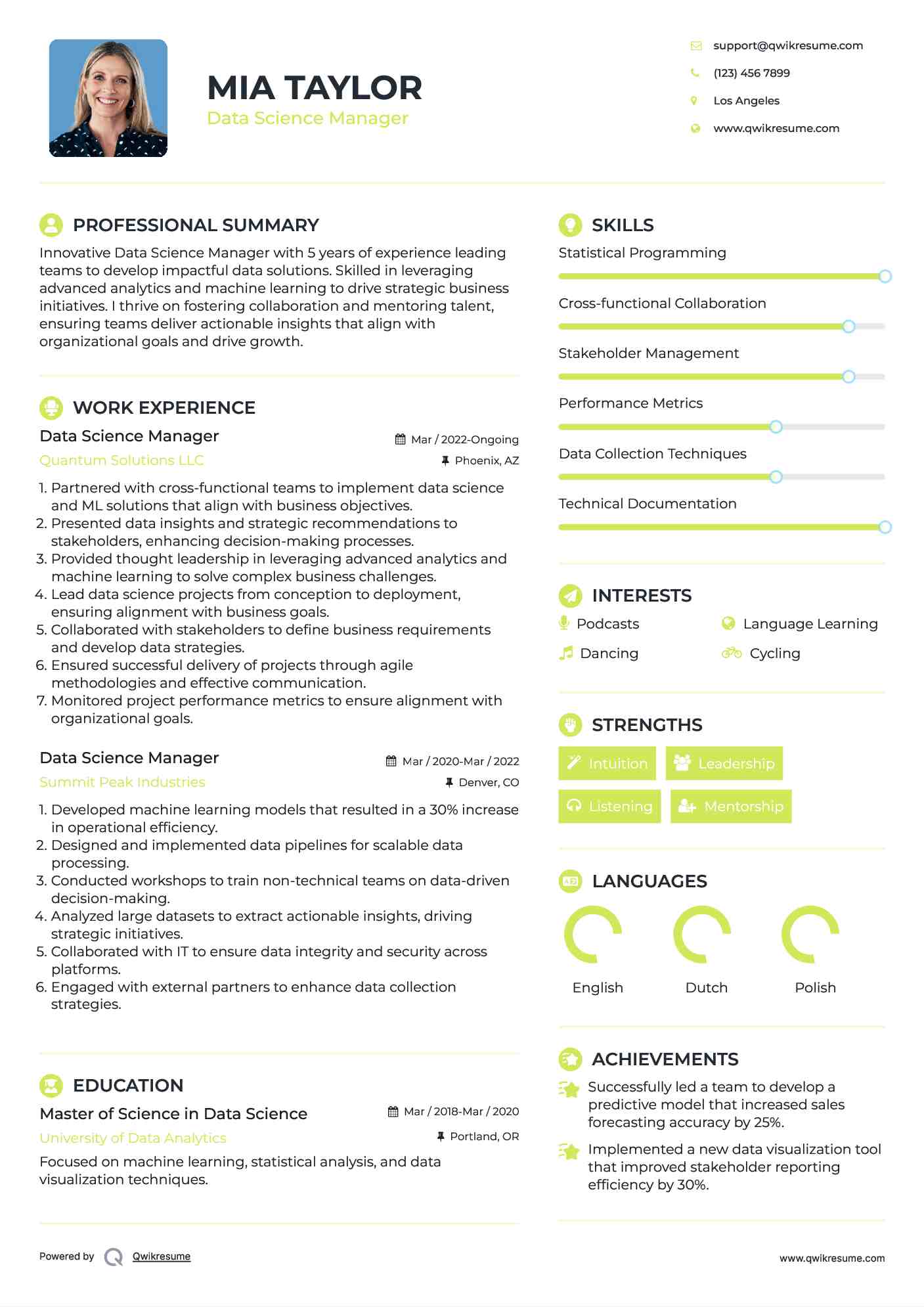 Data Science Manager Resume Example