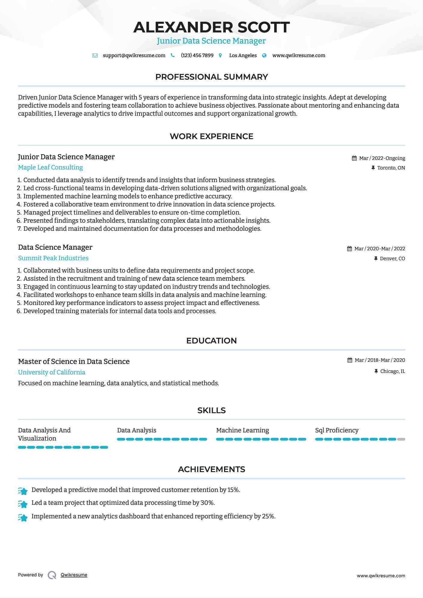 Junior Data Science Manager Resume Example