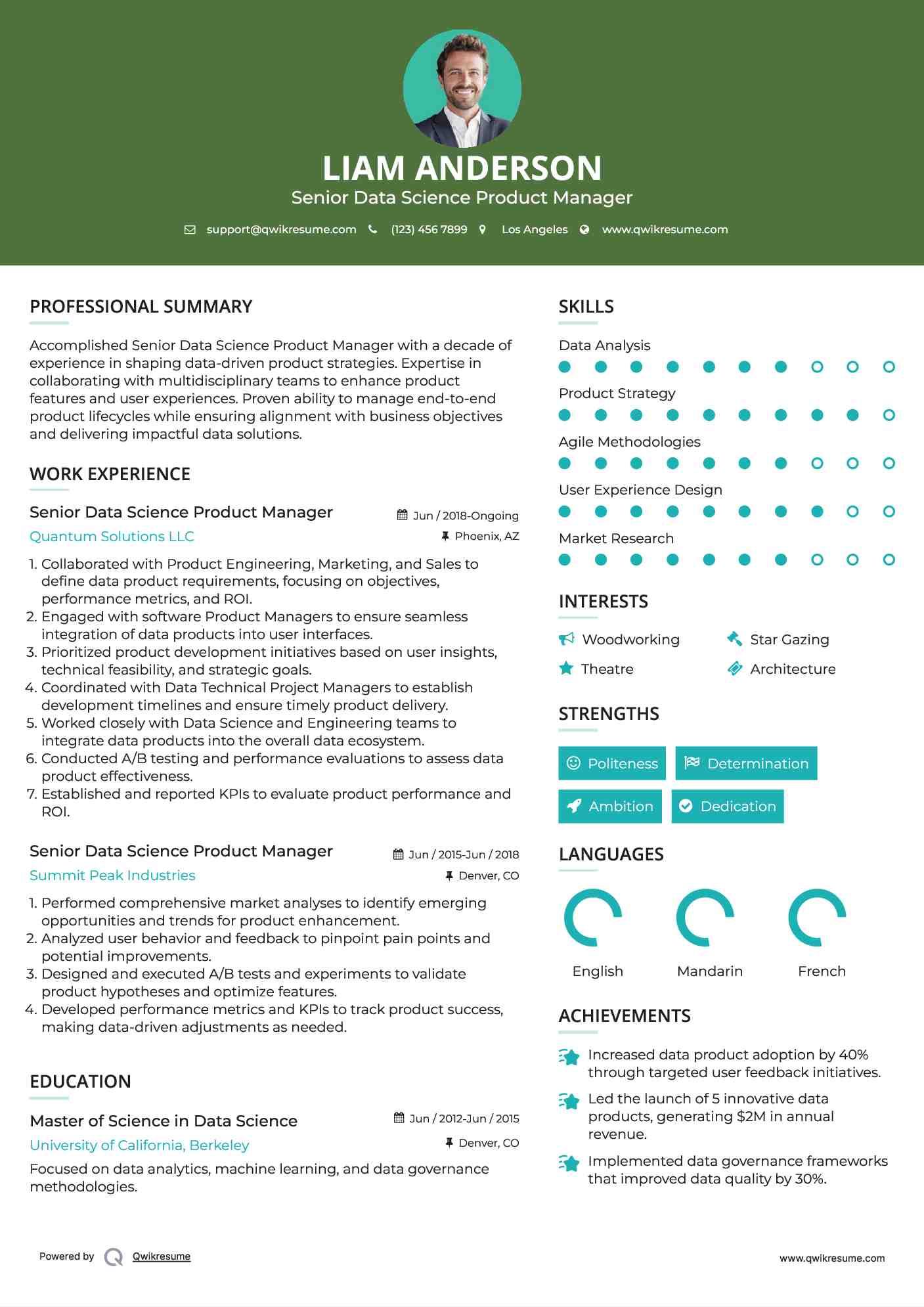 Senior Data Science Product Manager Resume Example