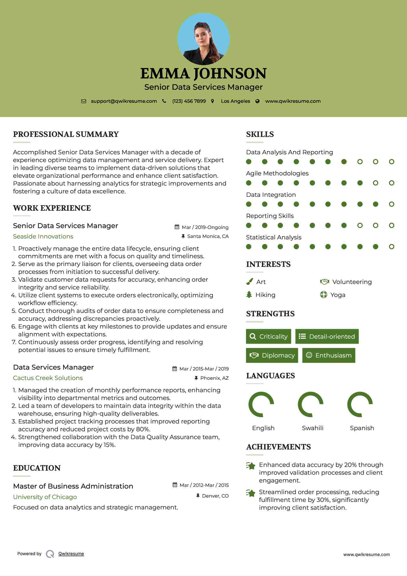 Senior Data Services Manager Resume Template