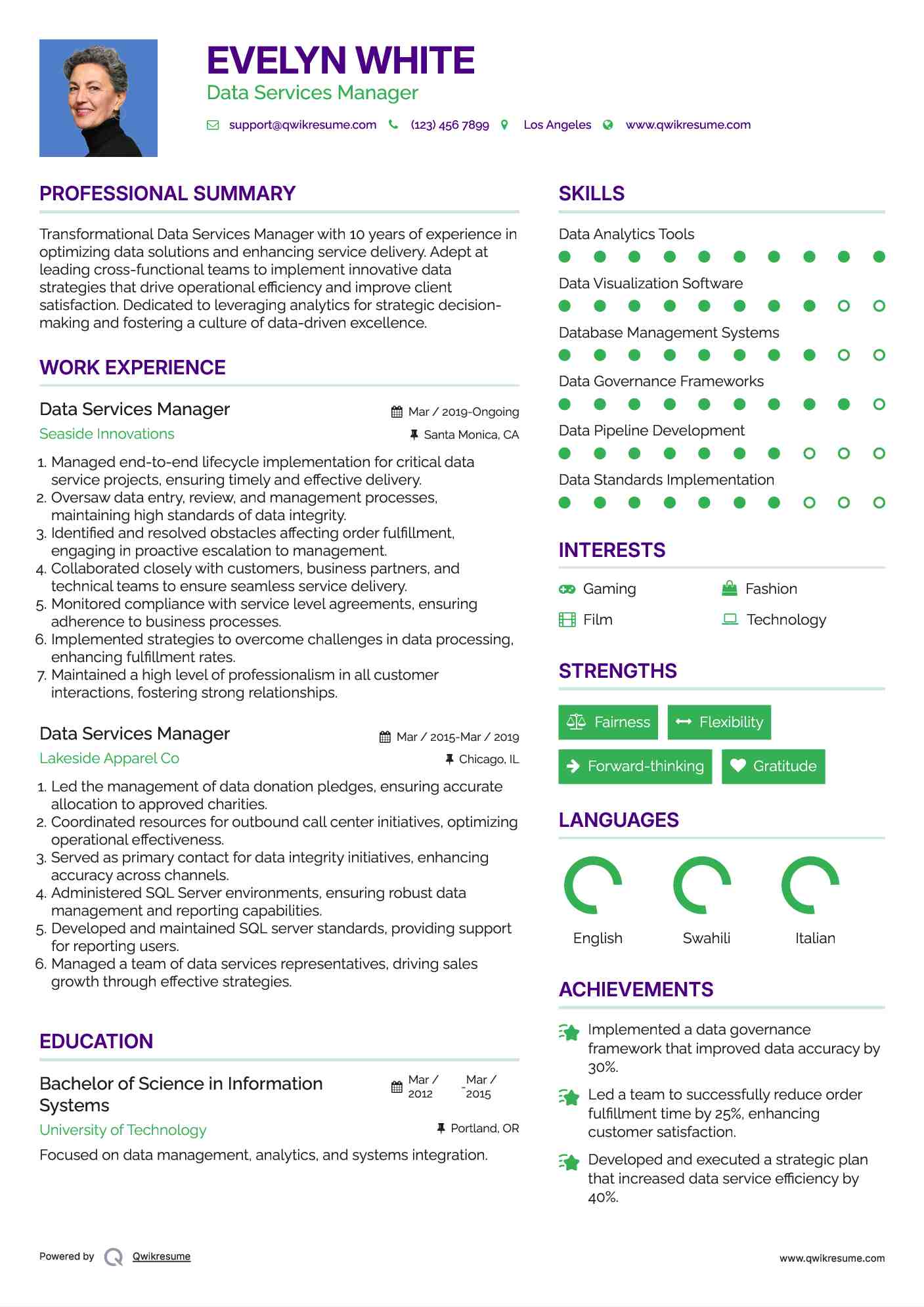 Data Services Manager Resume Model