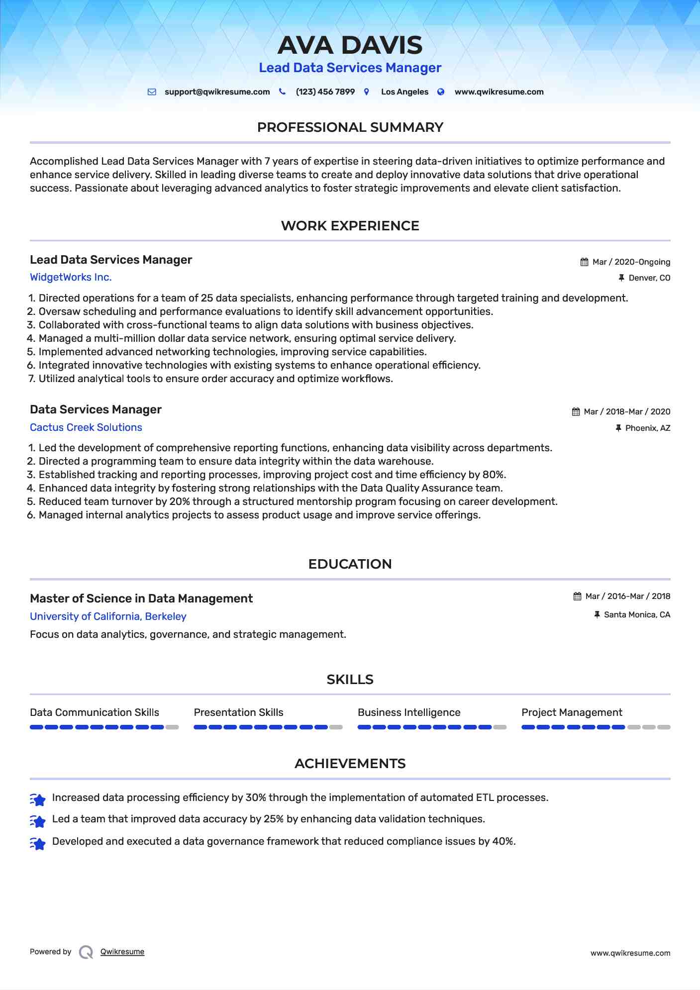 Lead Data Services Manager Resume Format