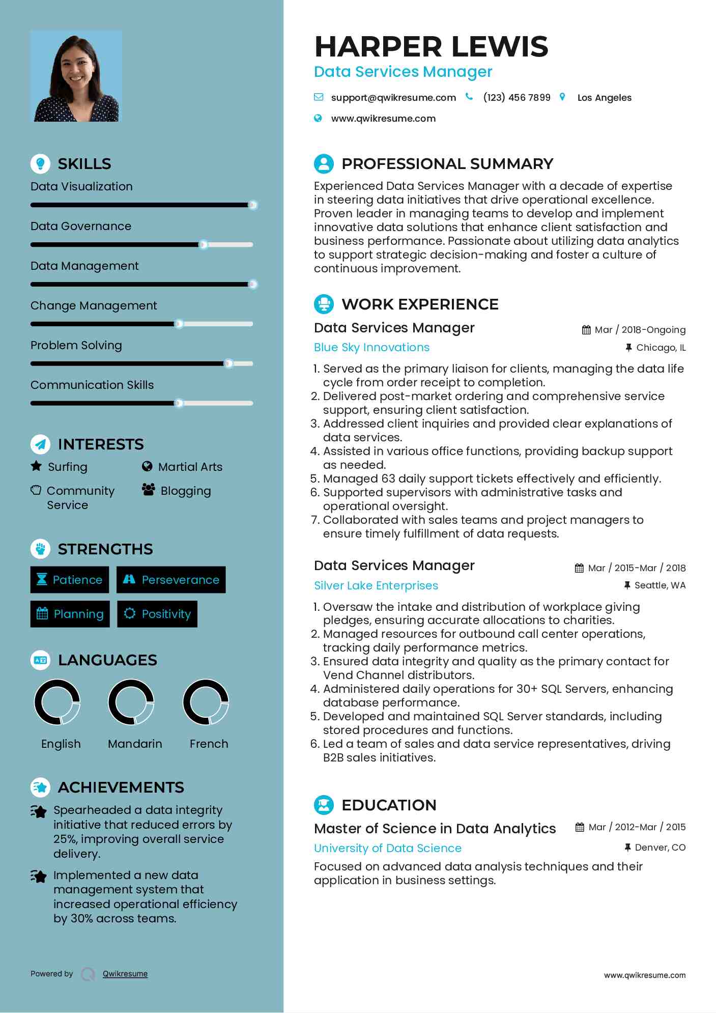 Data Services Manager Resume Sample