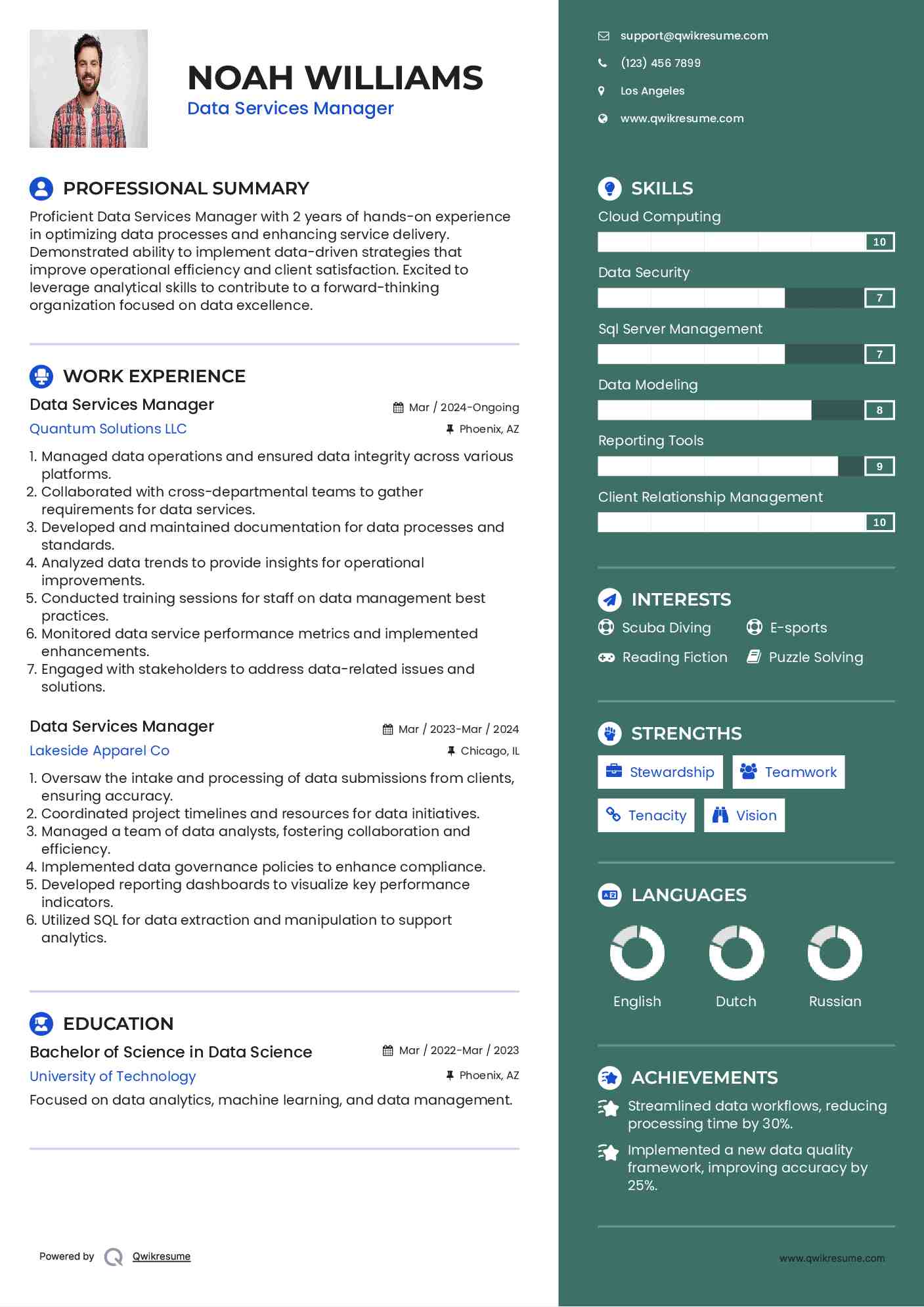 Data Services Manager Resume Sample