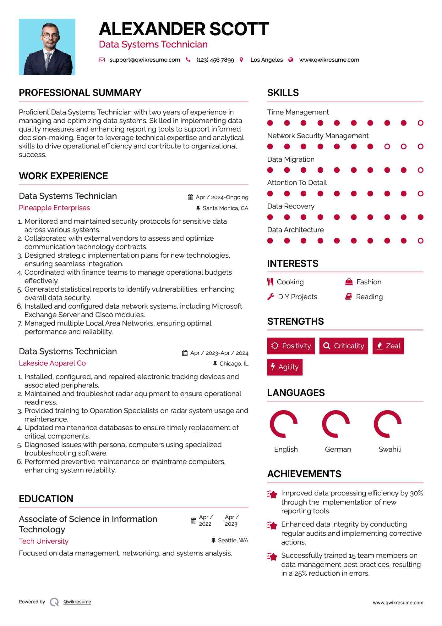 Data Systems Technician Resume Sample
