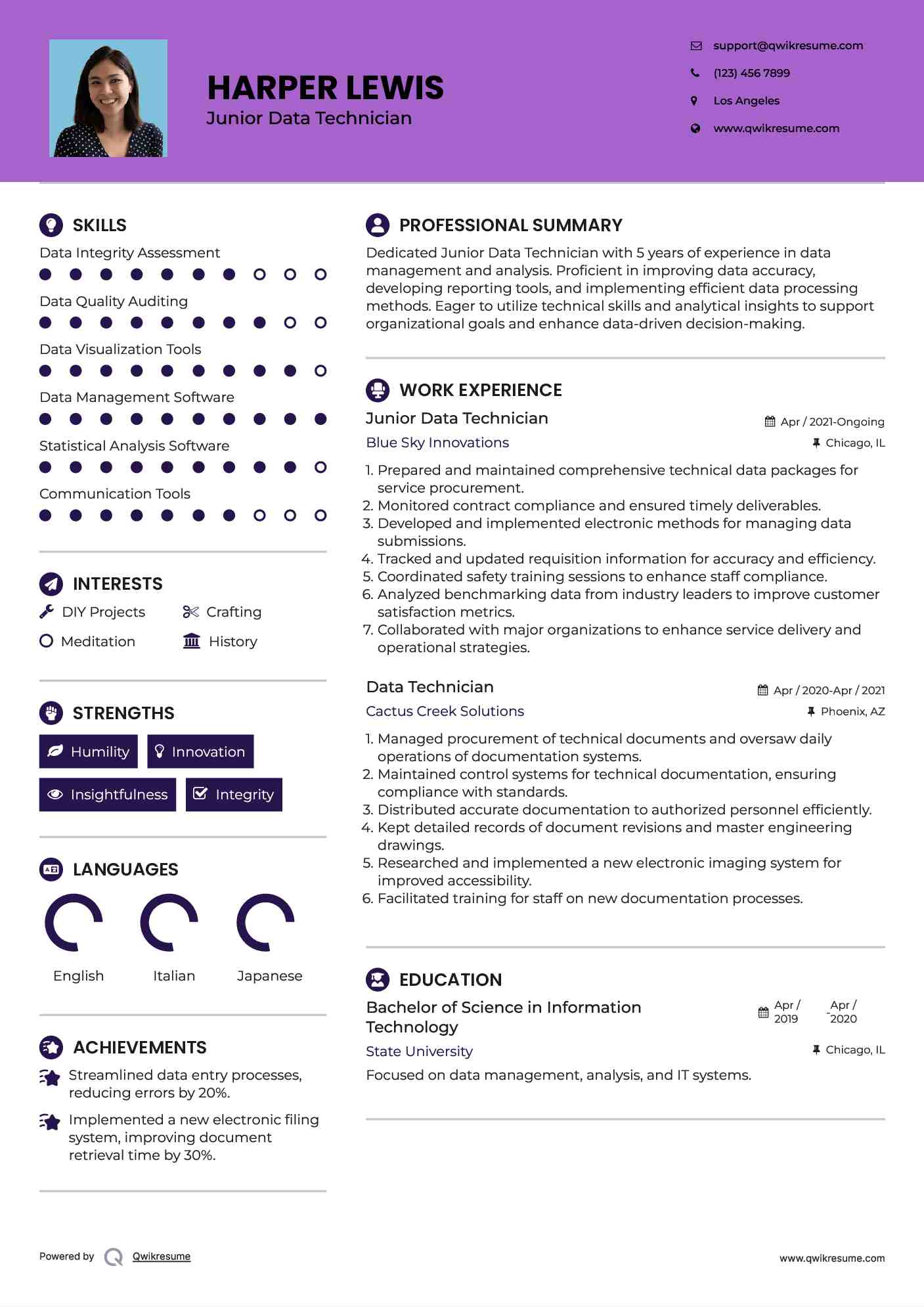 Junior Data Technician Resume Sample