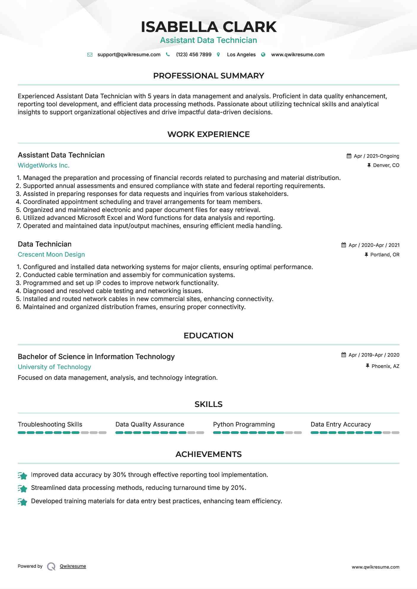 Assistant Data Technician Resume Template