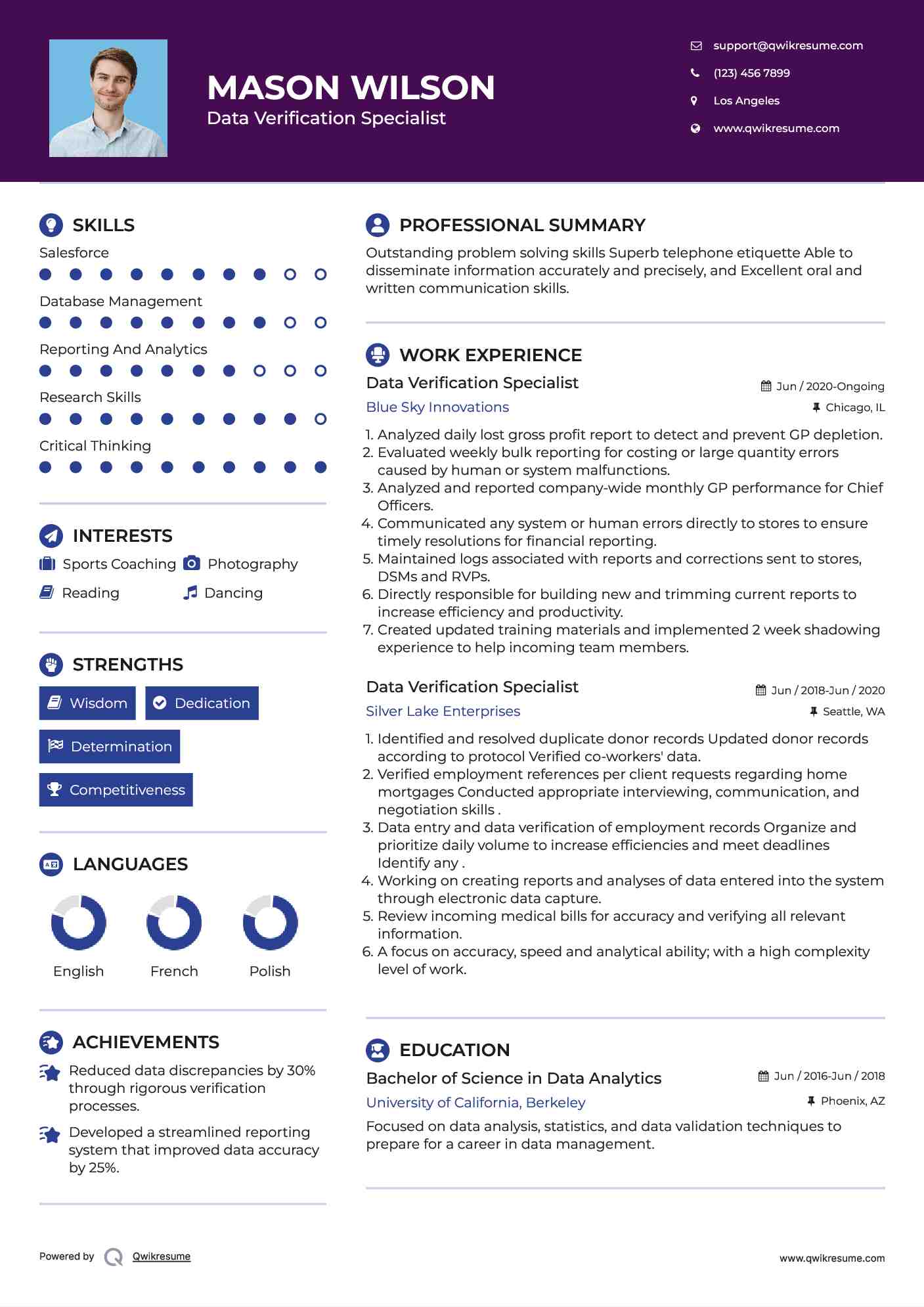 Data Verification Specialist Resume Sample