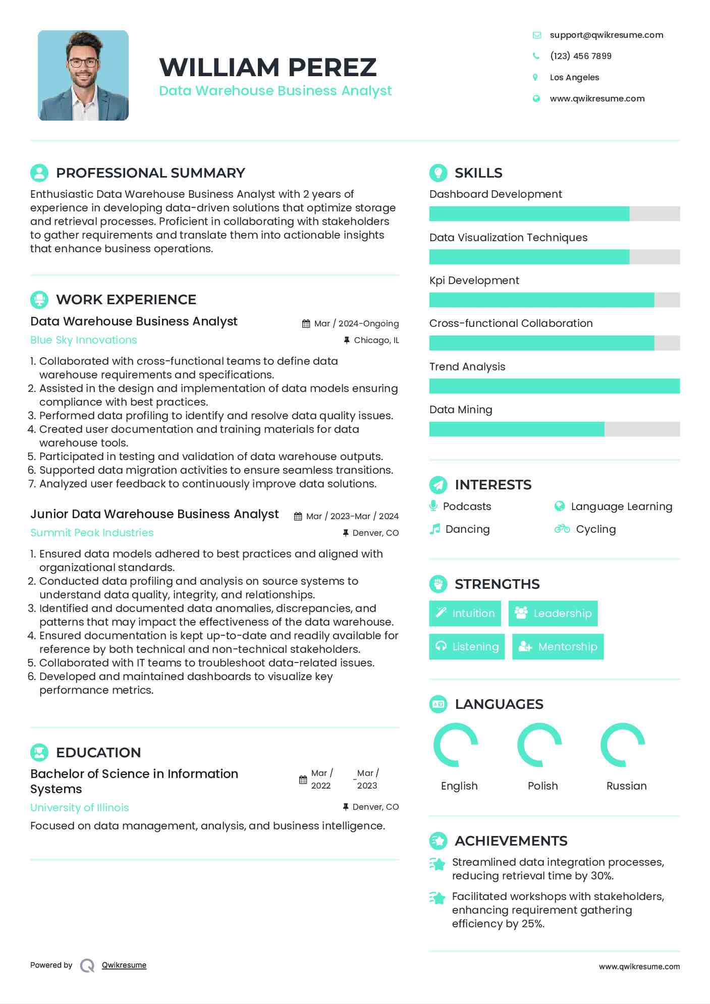 Data Warehouse Business Analyst Resume Example