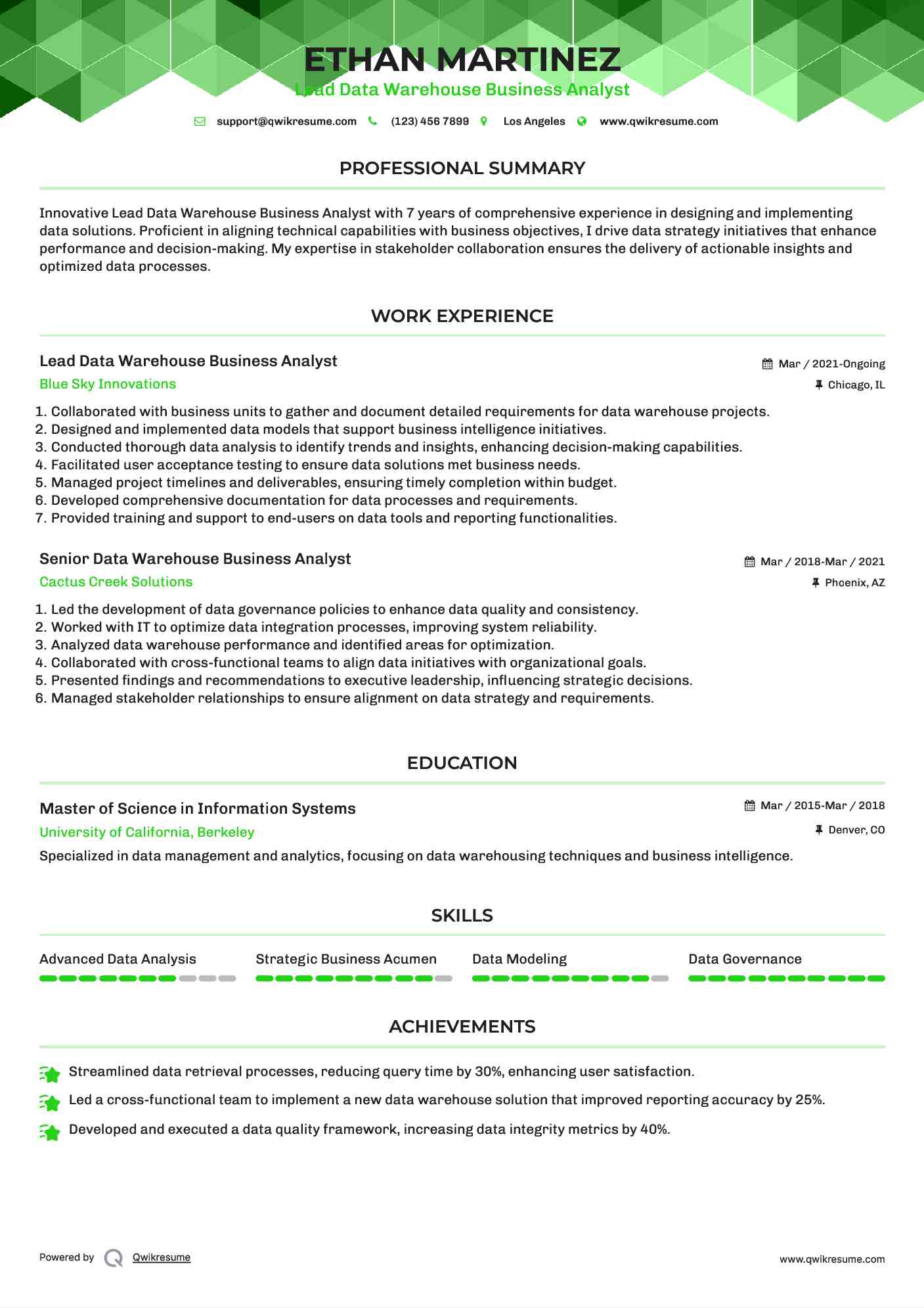 Lead Data Warehouse Business Analyst Resume Template