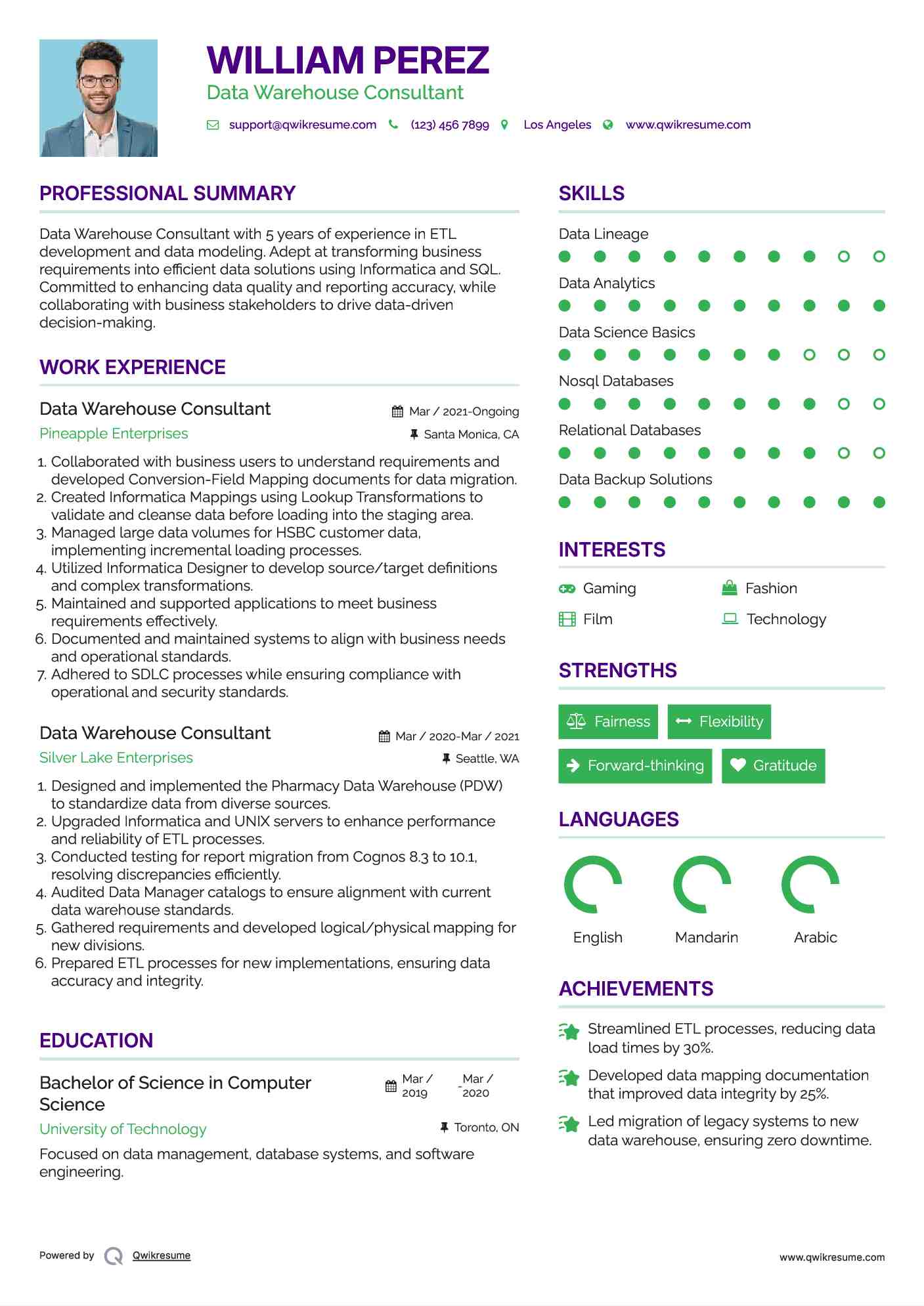Data Warehouse Consultant Resume Sample
