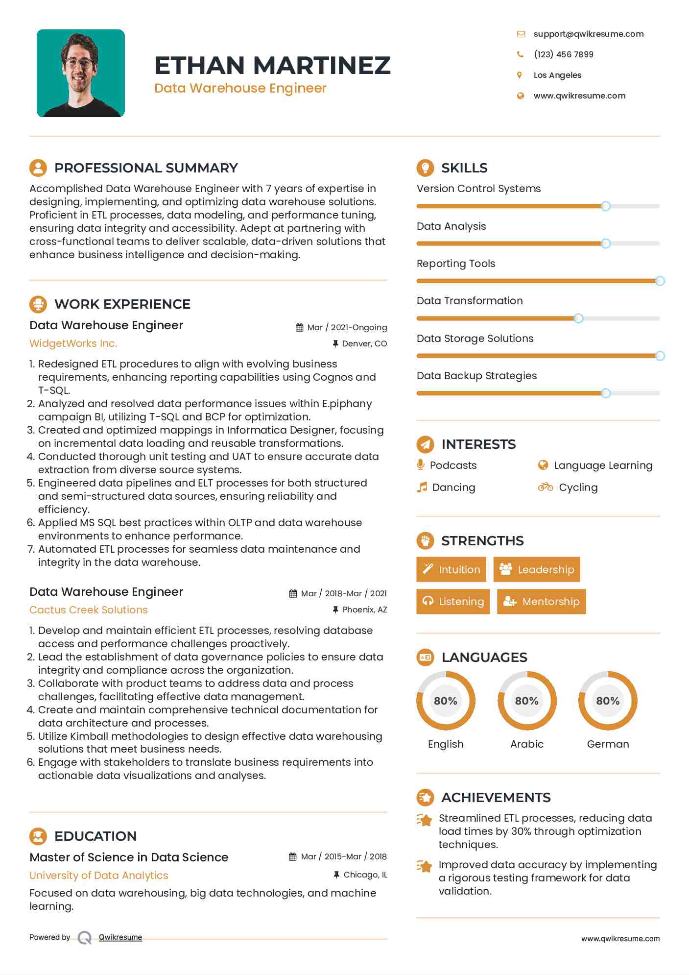 Data Warehouse Engineer Resume Example