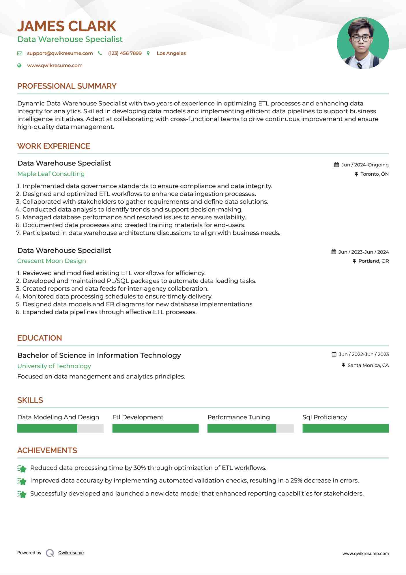 Data Warehouse Specialist Resume Example