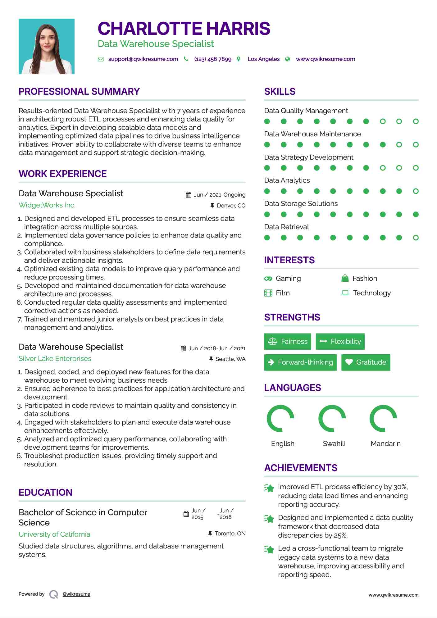Data Warehouse Specialist Resume Sample