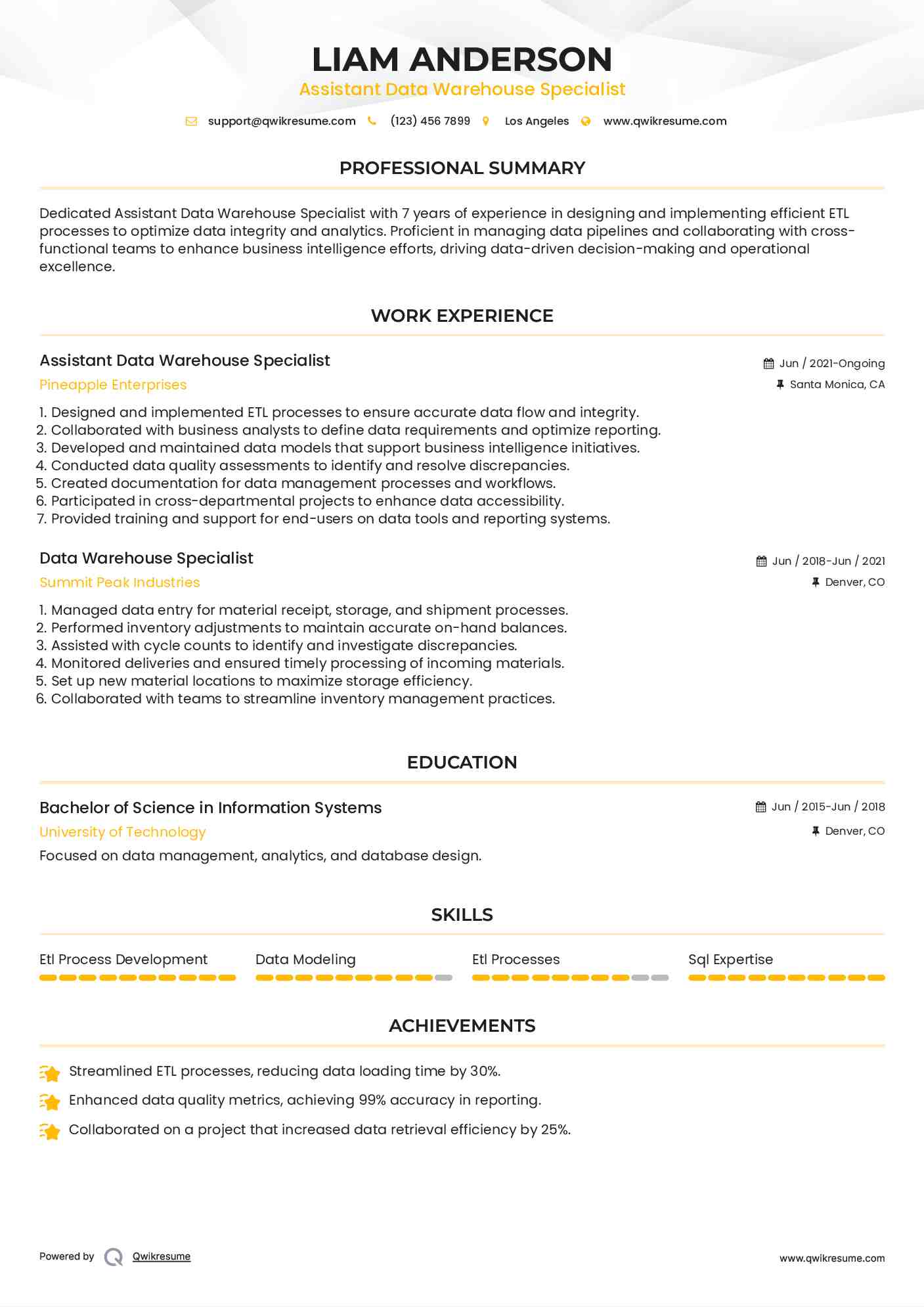 Assistant Data Warehouse Specialist Resume Format