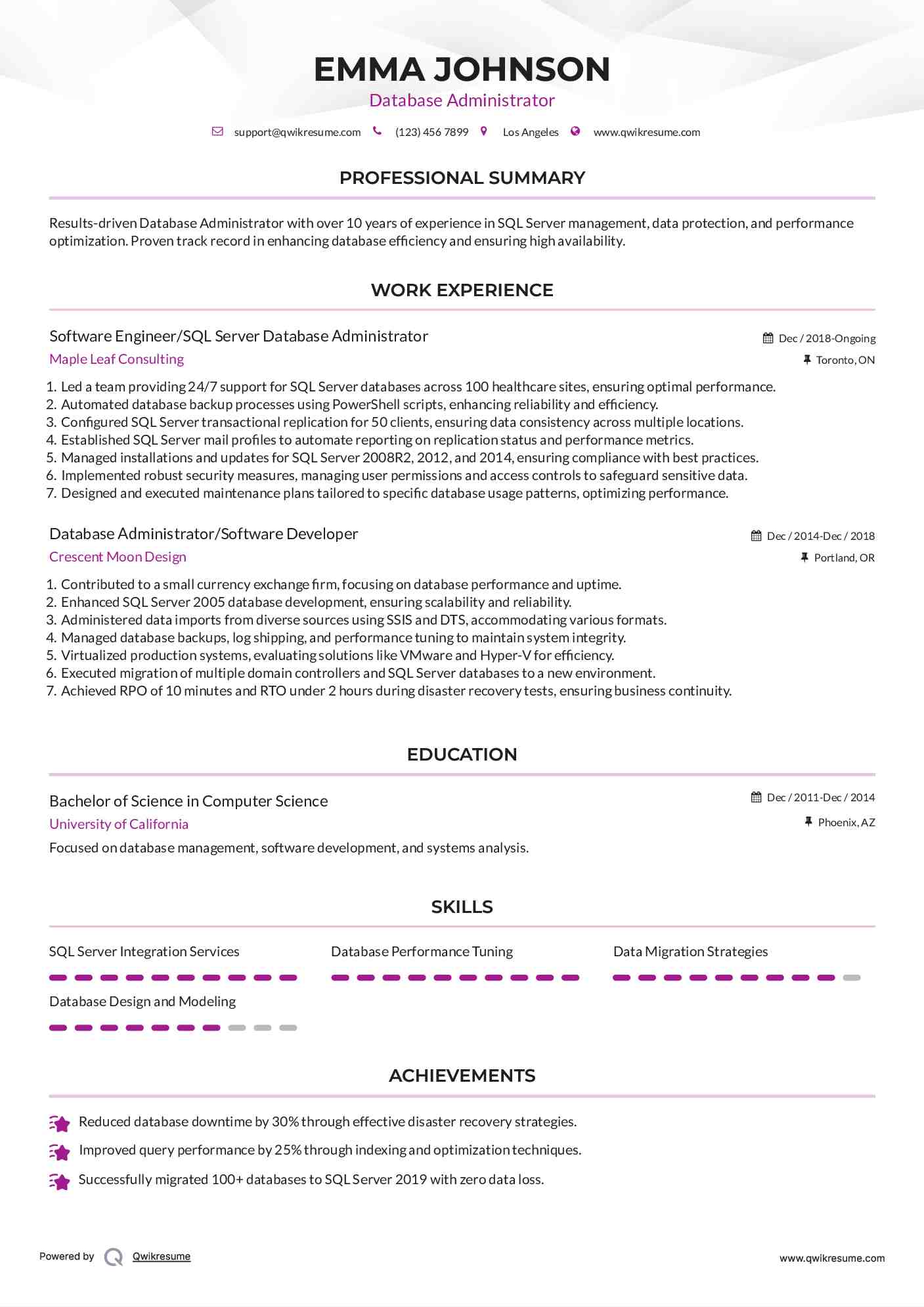 Software Engineer/SQL Server Database Administrator Resume Sample