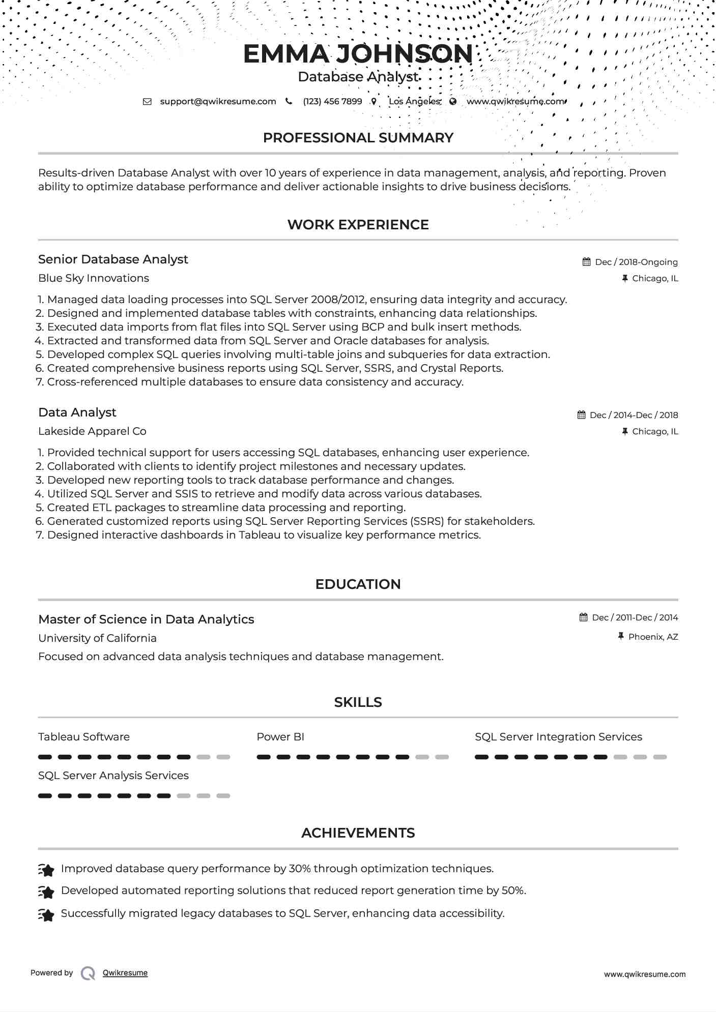 Senior Database Analyst Resume Example