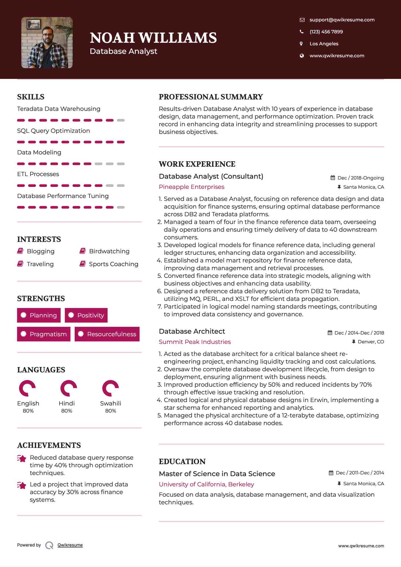 Database Analyst (Consultant) Resume Sample