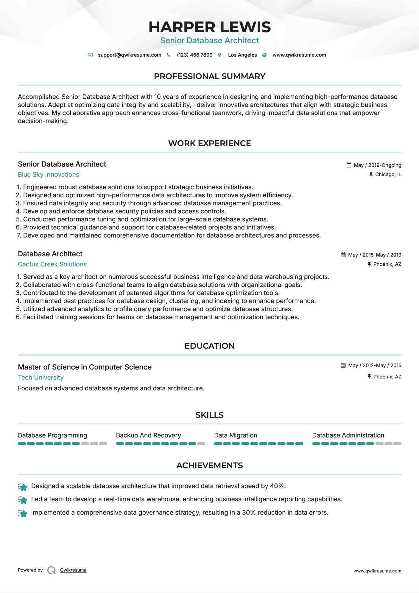 Senior Database Architect Resume Model