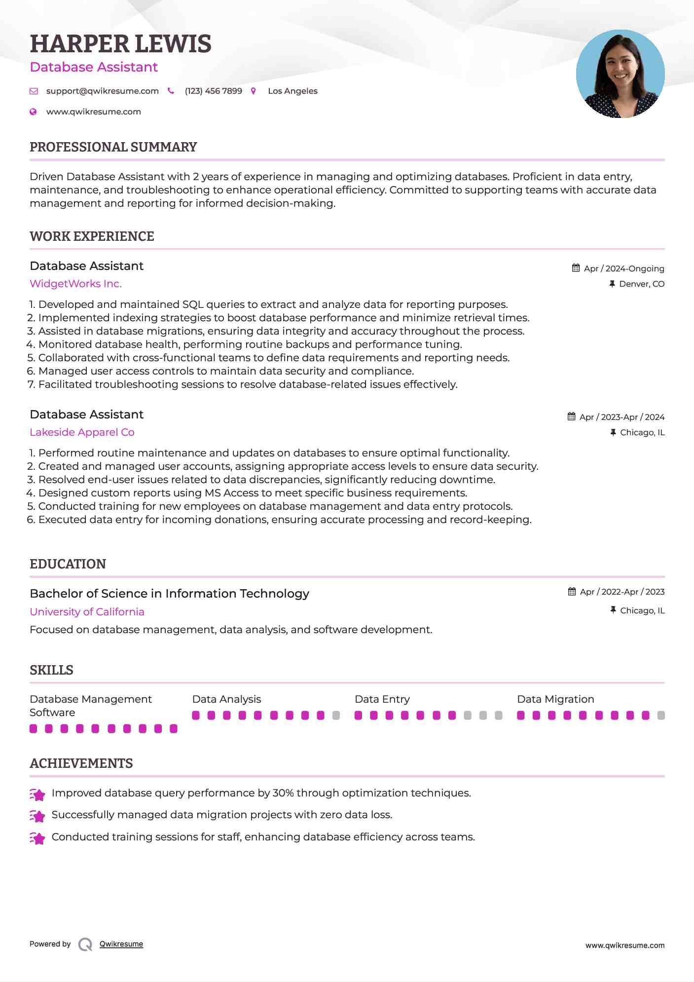 Database Assistant Resume Sample