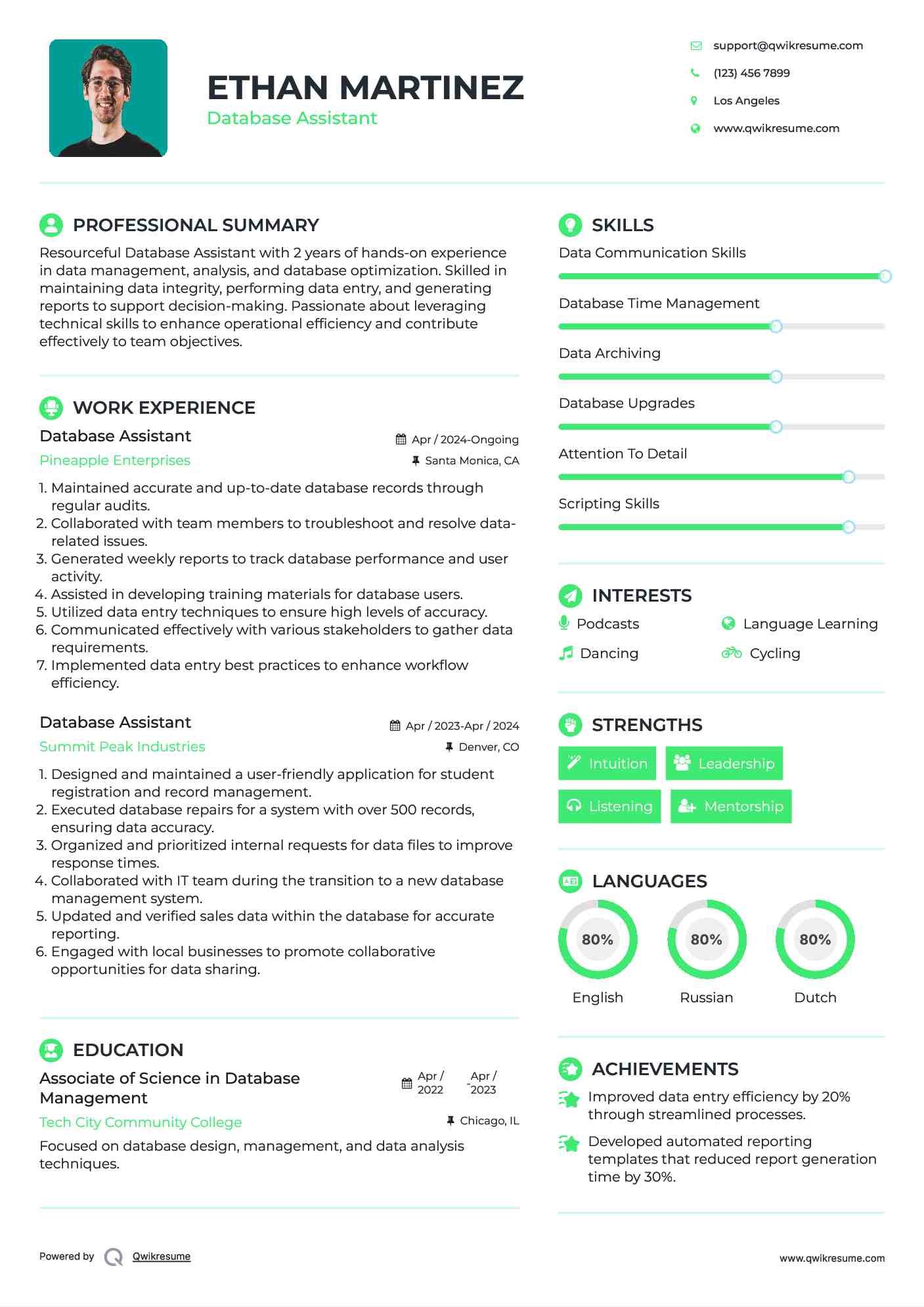 Database Assistant Resume Model