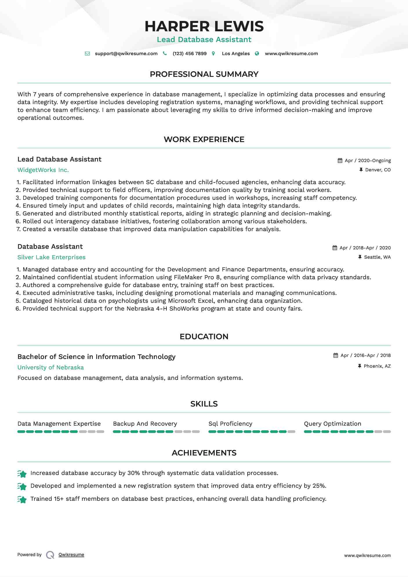 Lead Database Assistant Resume Sample