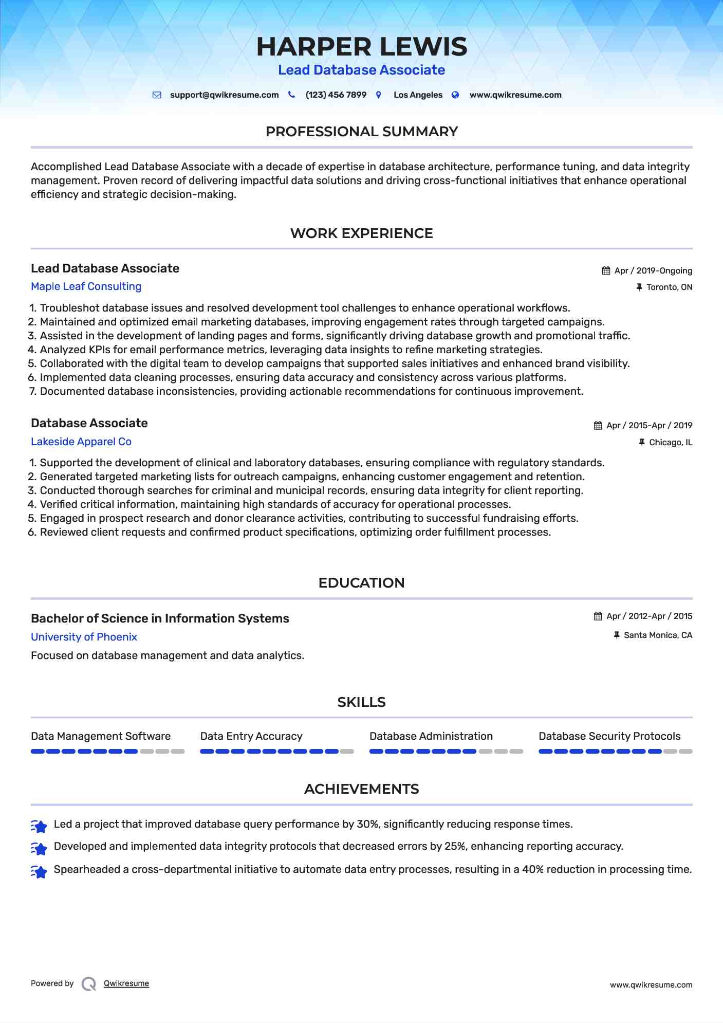 Lead Database Associate Resume Sample