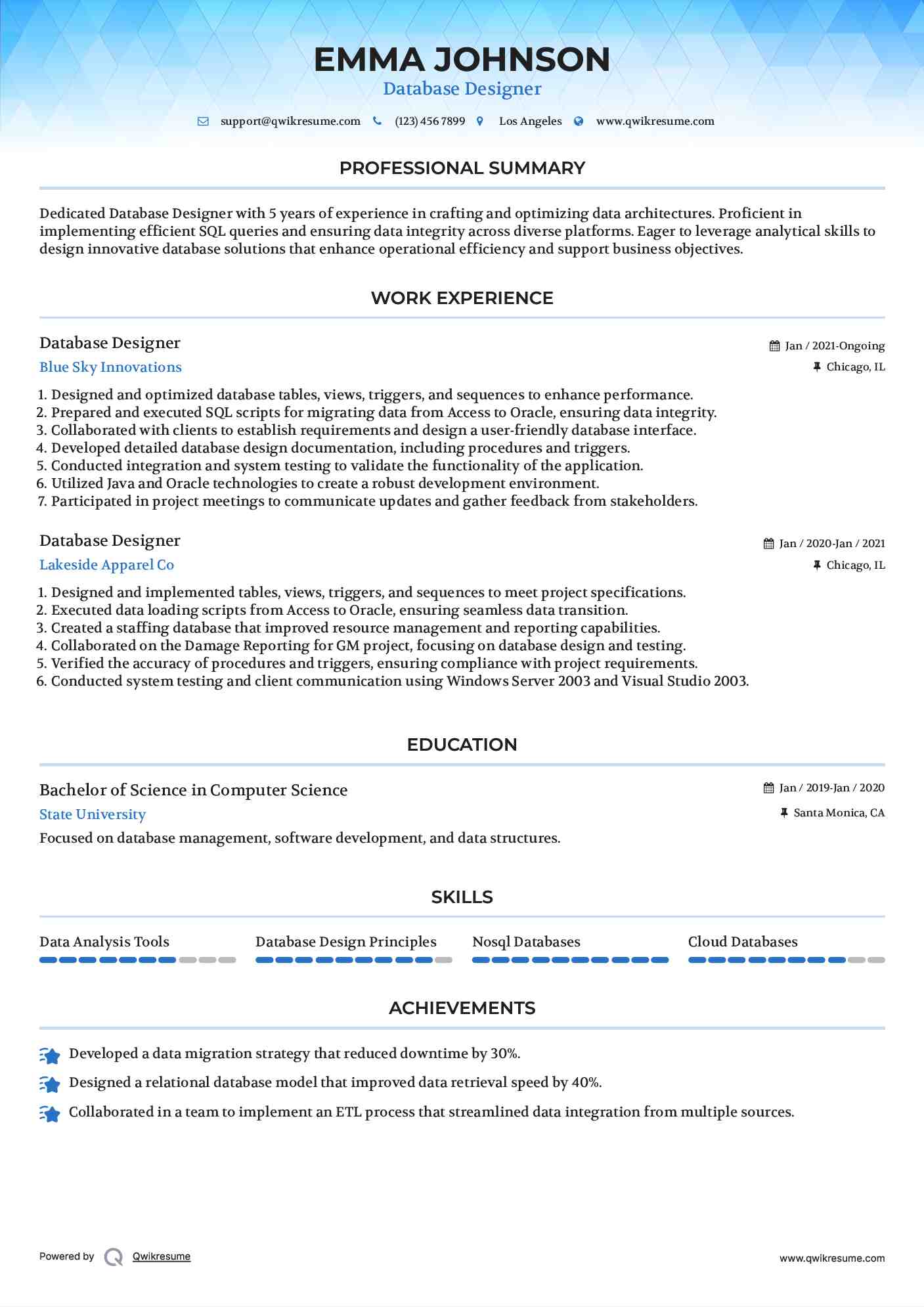 Database Designer Resume Model