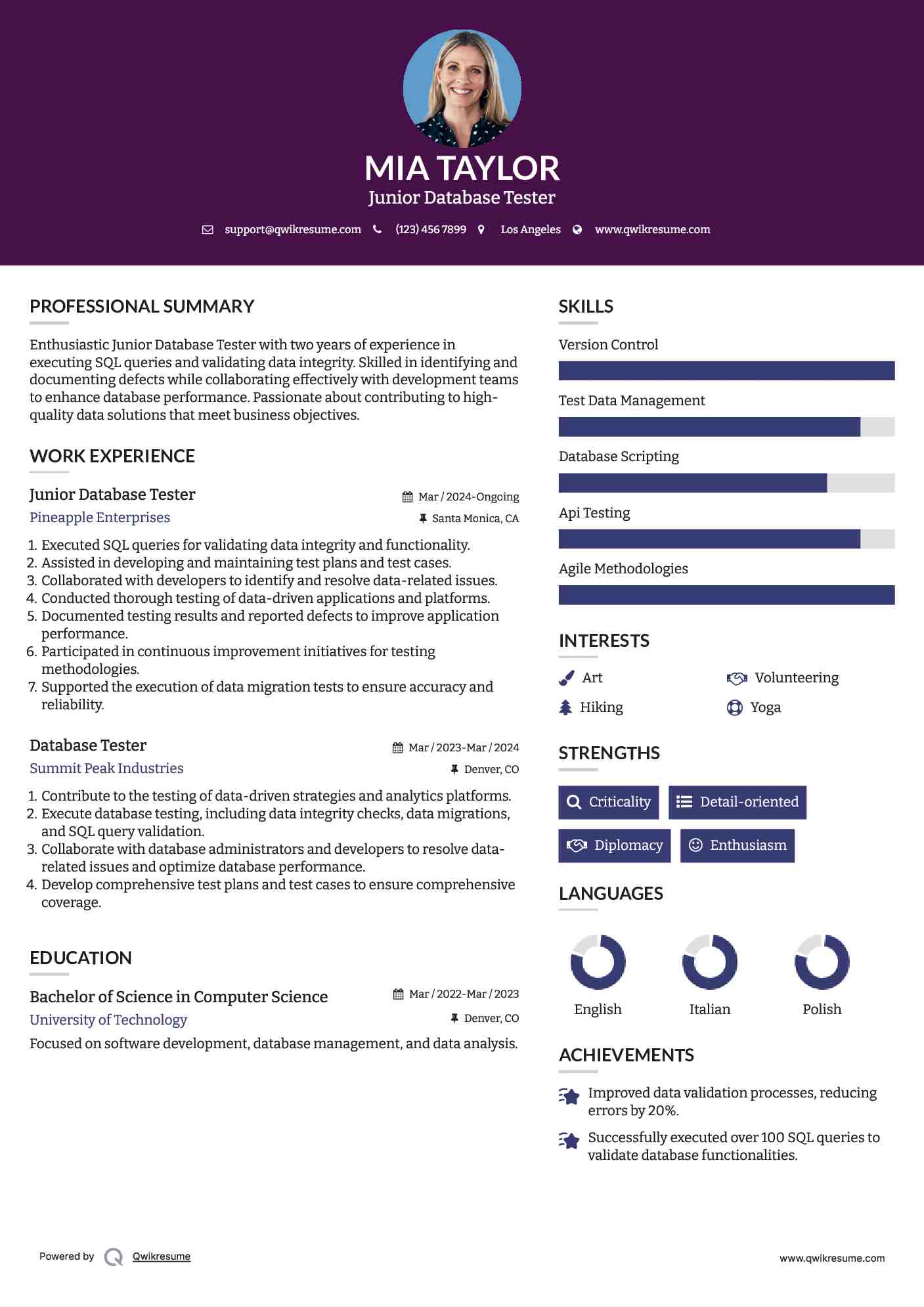 Junior Database Tester Resume Model