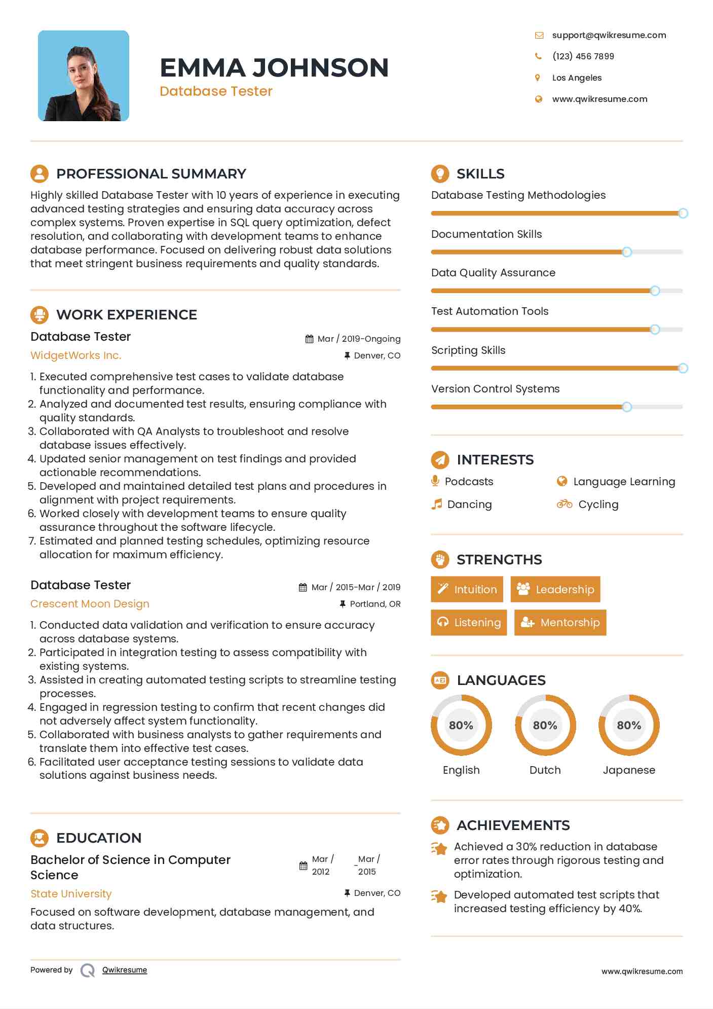 Database Tester Resume Template