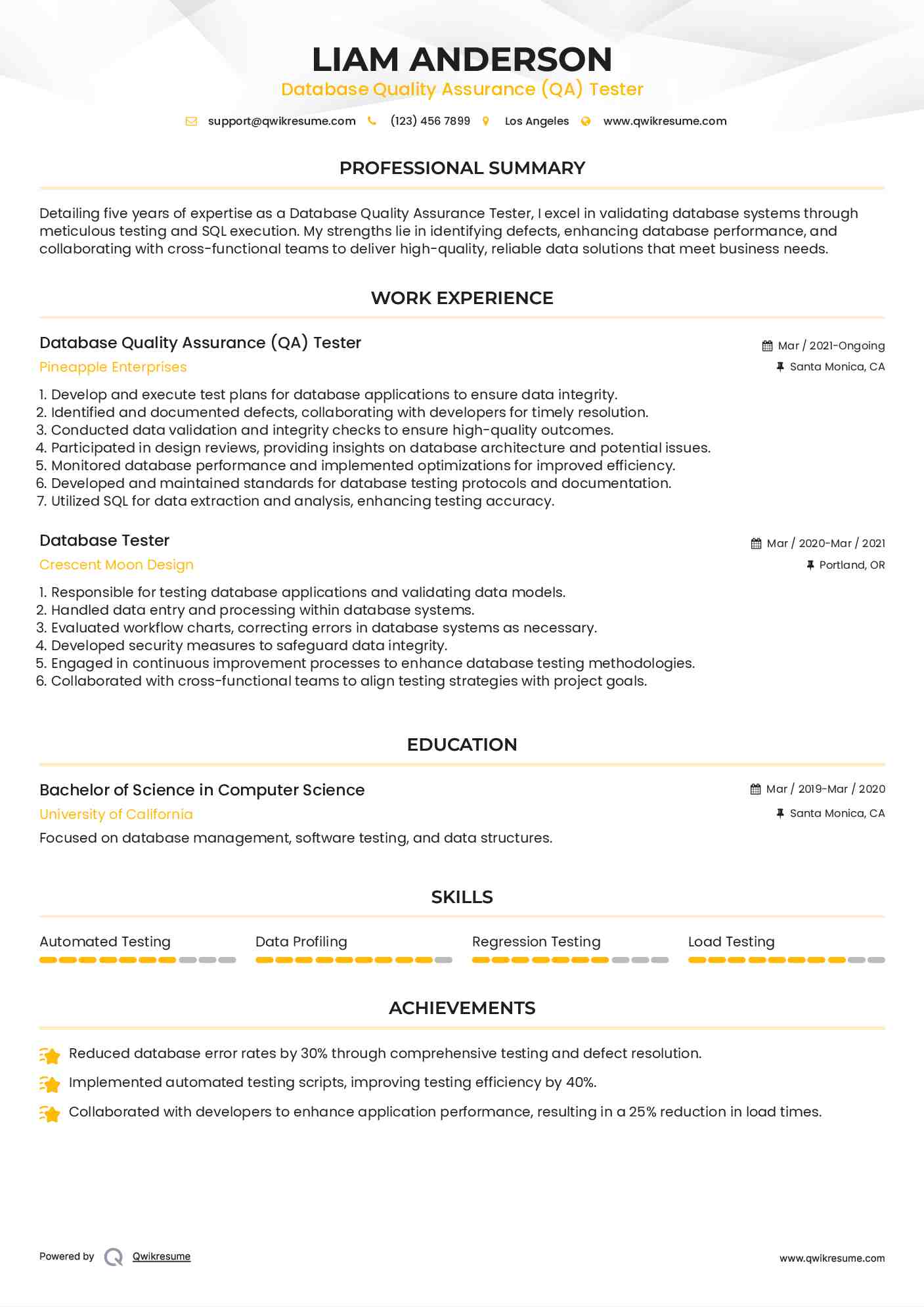 Database Quality Assurance (QA) Tester Resume Format