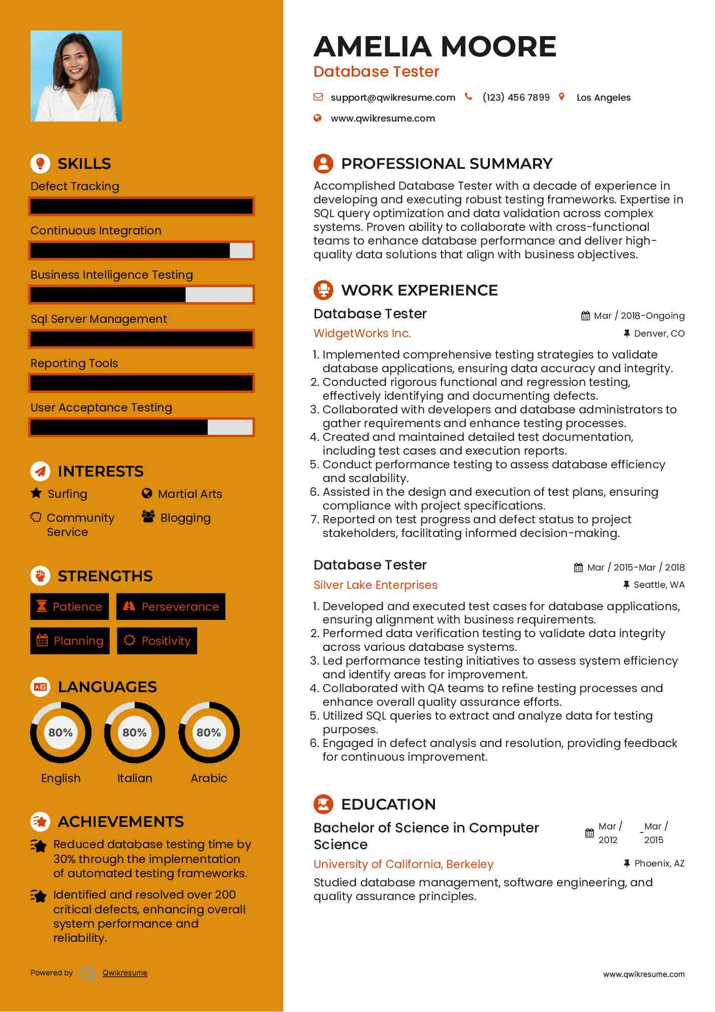 Database Tester Resume Example