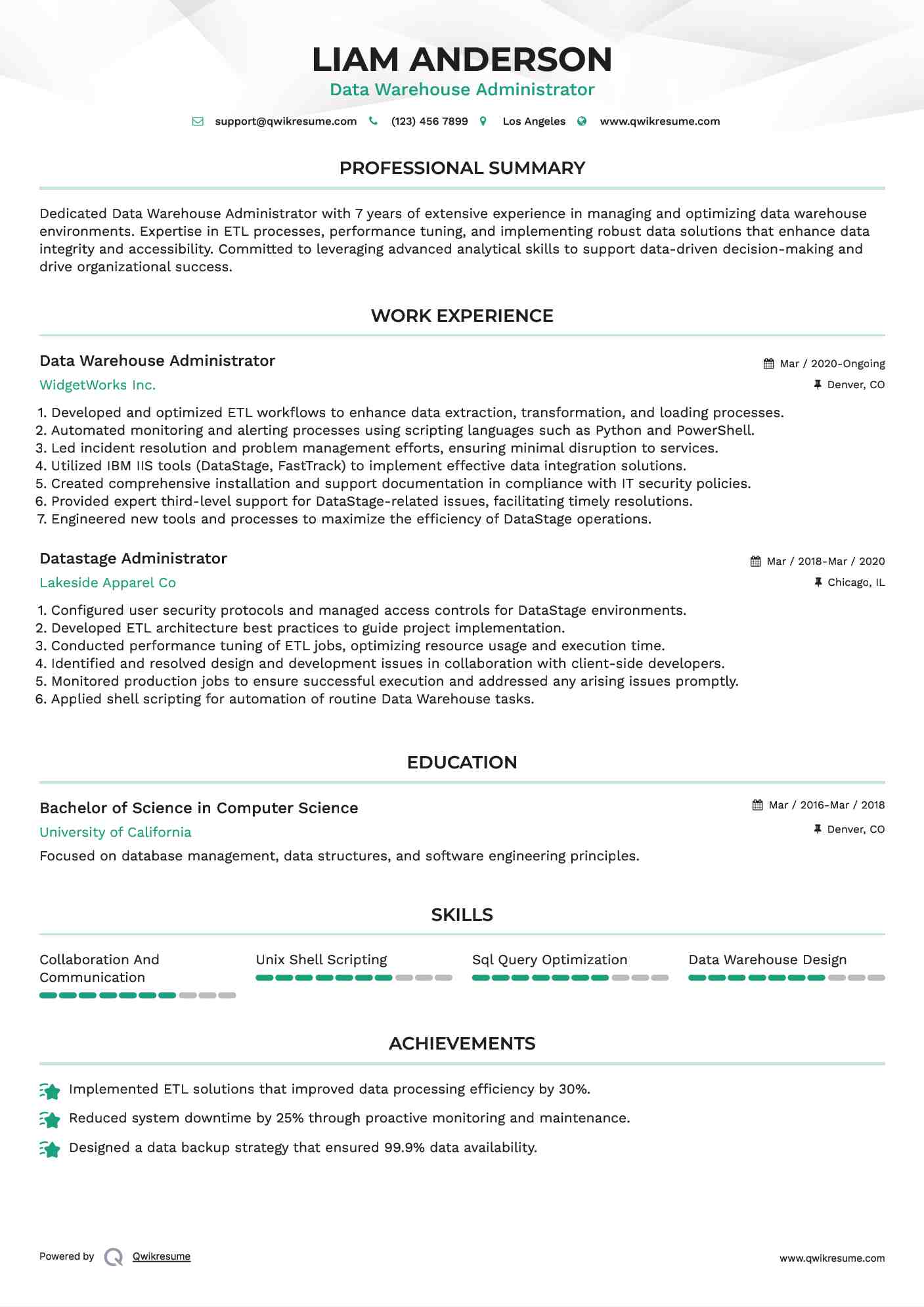 Data Warehouse Administrator Resume Example
