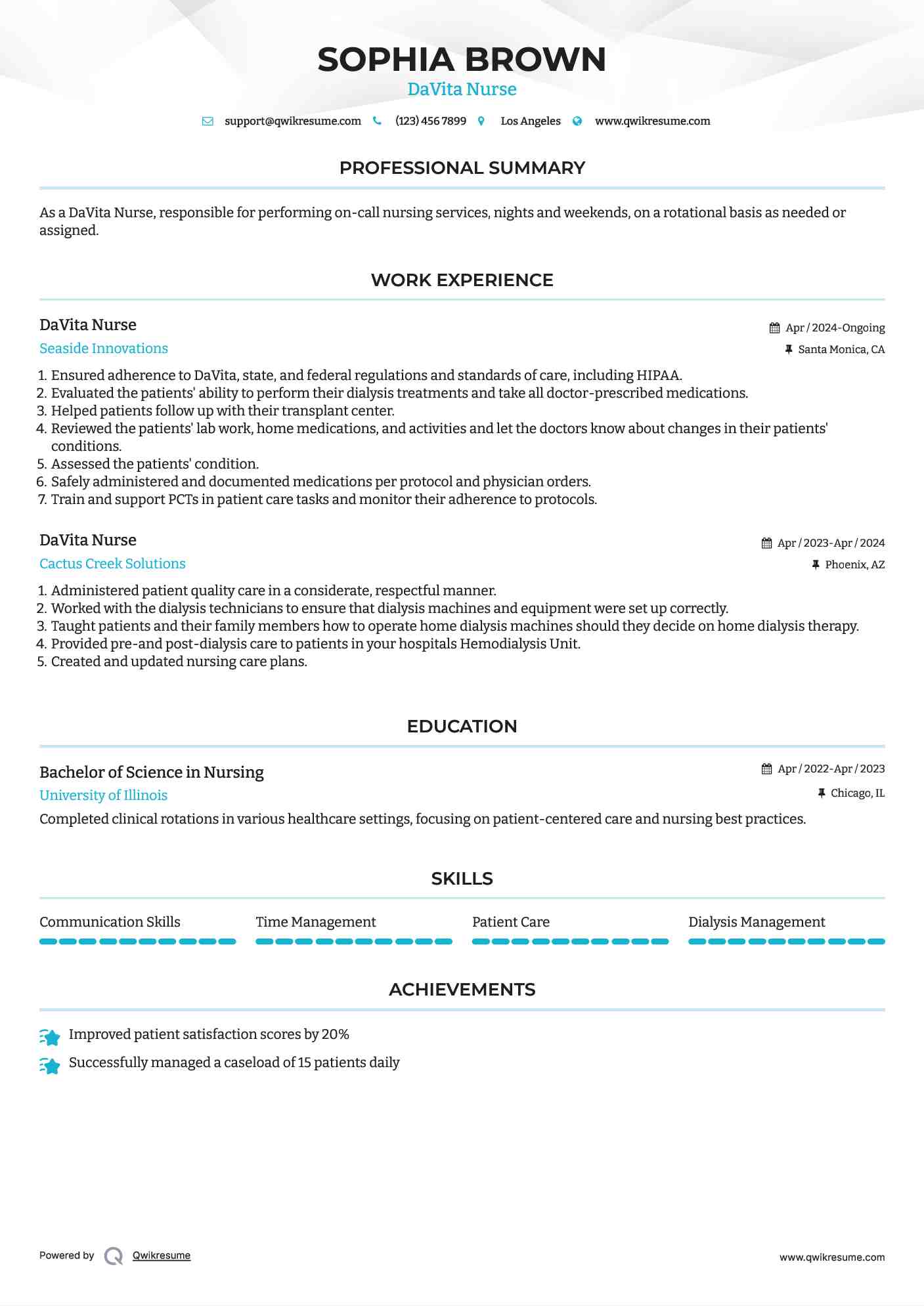 DaVita Nurse Resume Model