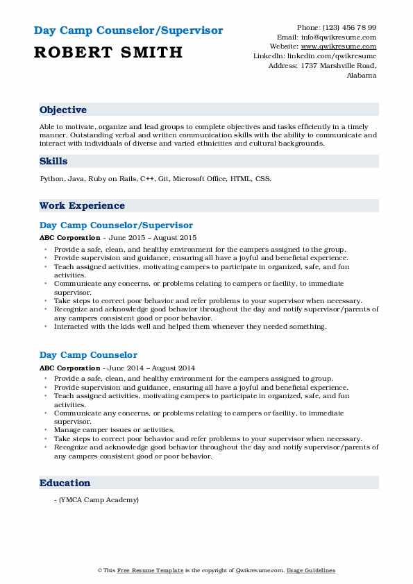 Day Camp Counselor Resume Samples QwikResume