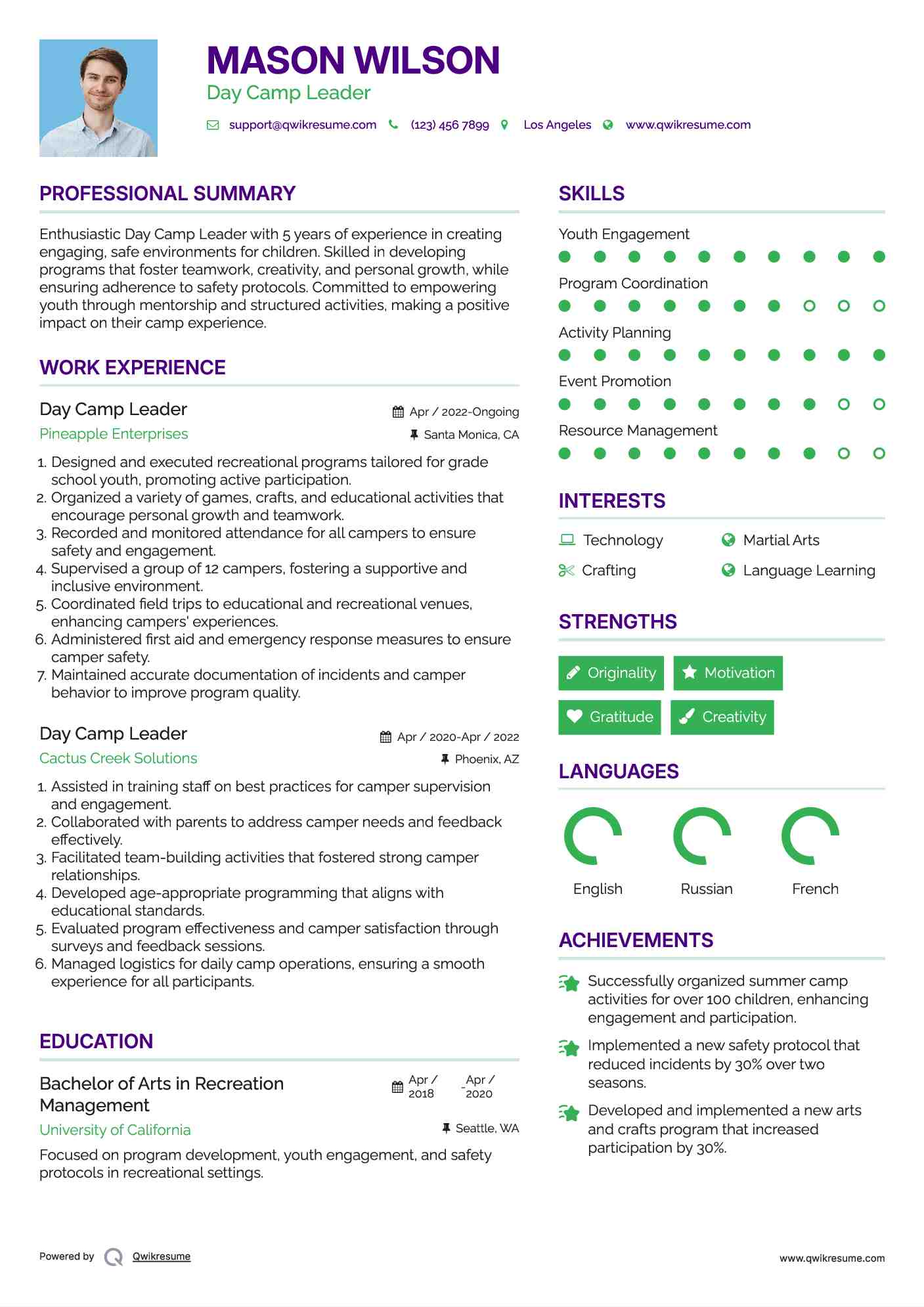 Day Camp Leader Resume Model