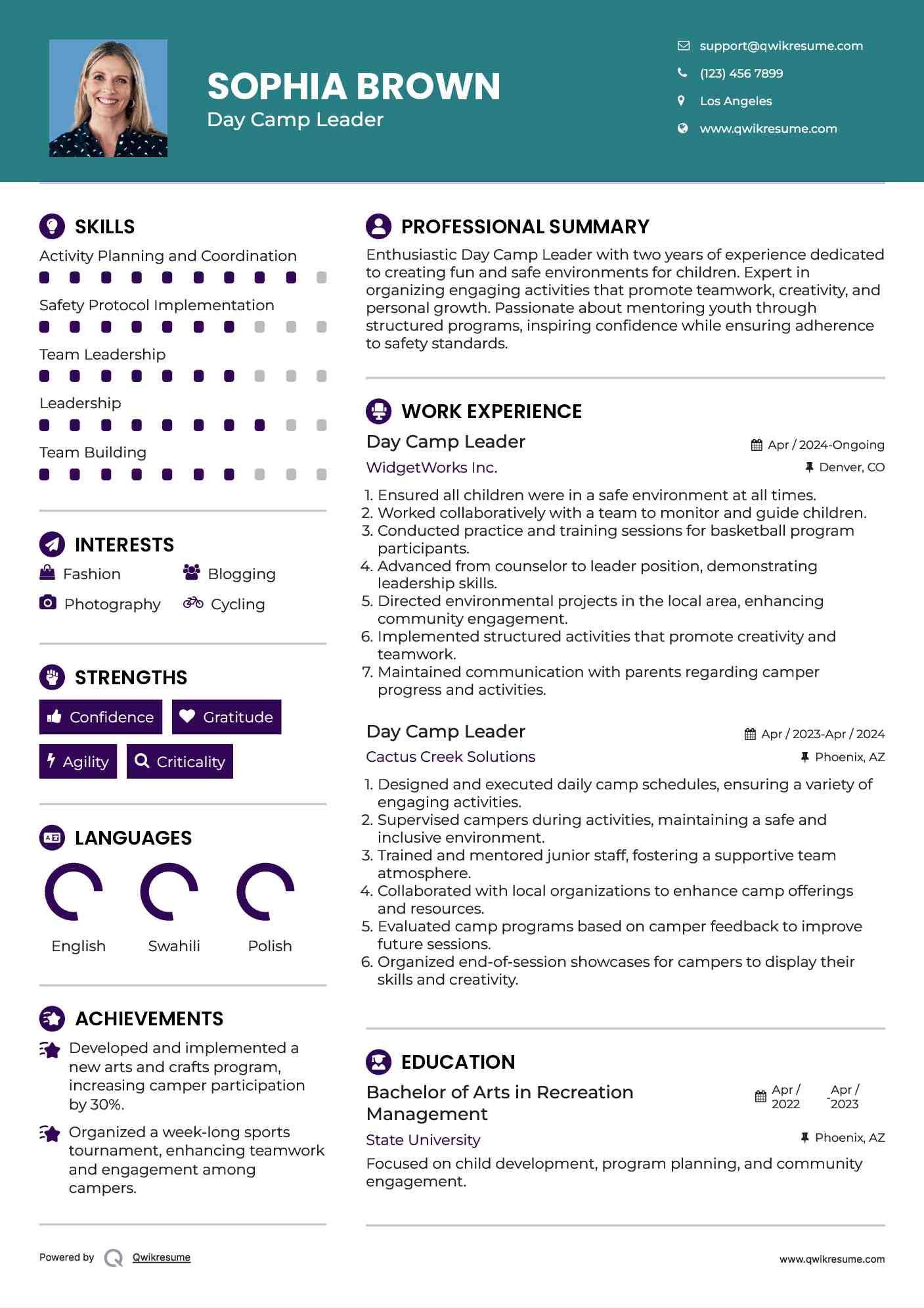 Day Camp Leader Resume Example