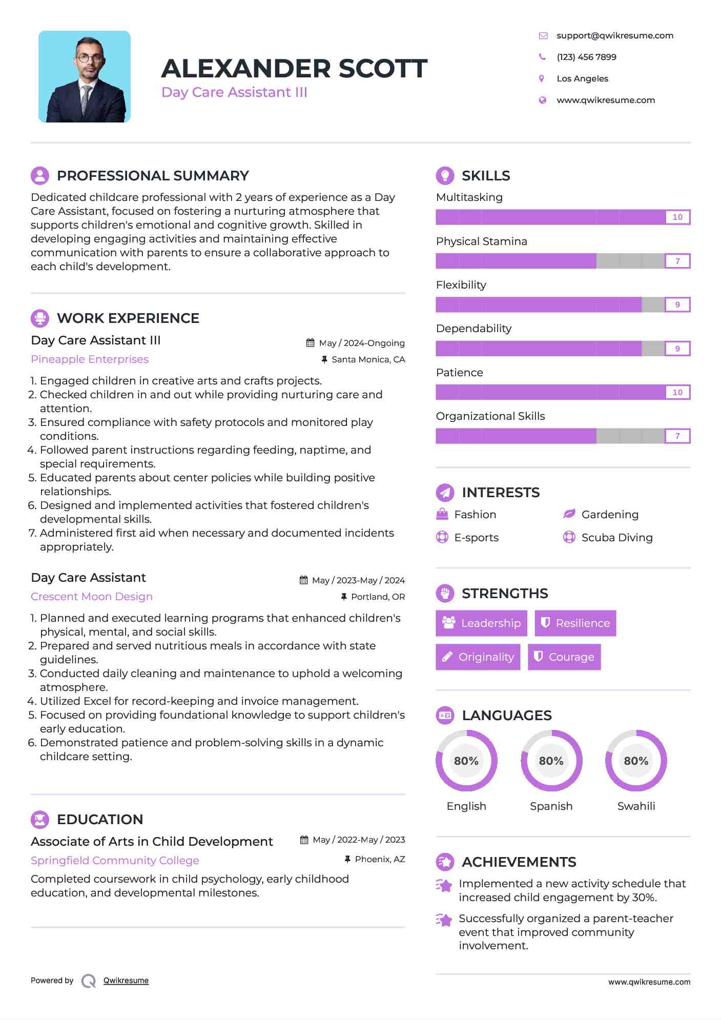 Day Care Assistant III Resume Example