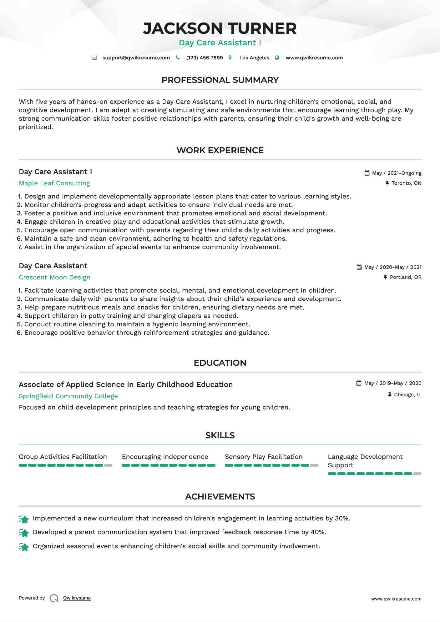 Day Care Assistant I Resume Template
