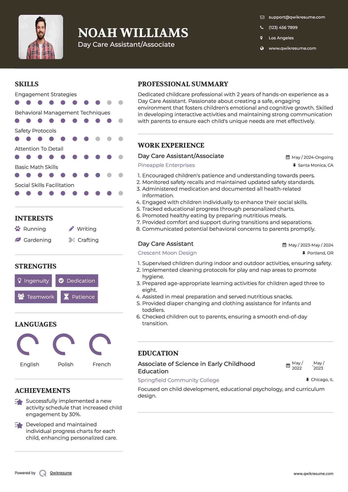 Day Care Assistant/Associate  Resume Example